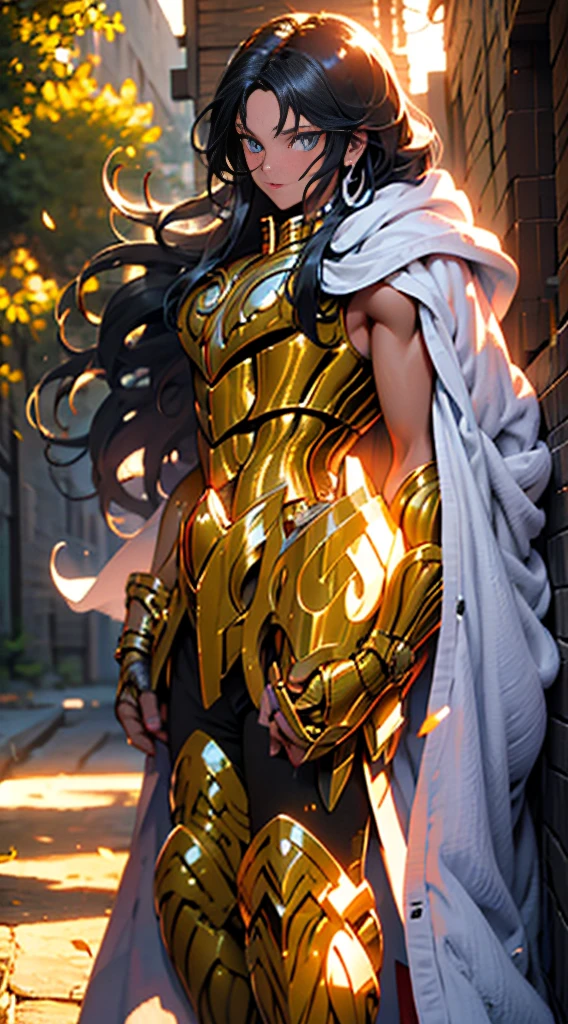 Create the image of a stunning woman with long, straight hair and wearing imposing armor. She is depicted in a majestic pose, with her wavy hair falling gently over her shoulders. Her armor is a work of art, with intricate details and elegant embellishments, reflecting the sunlight that streams through the nearby trees,Her eyes convey a mix of determination and grace as she wields a sword or shield with confidence. In the background, a picturesque setting of lush natural landscape, with distant mountains and a clear blue sky. This woman is not only a skilled warrior, but also a vision of beauty and strength