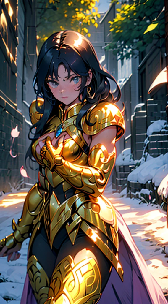 Create the image of a stunning woman with long, straight hair and wearing imposing armor. She is depicted in a majestic pose, with her wavy hair falling gently over her shoulders. Her armor is a work of art, with intricate details and elegant embellishments, reflecting the sunlight that streams through the nearby trees,Her eyes convey a mix of determination and grace as she wields a sword or shield with confidence. In the background, a picturesque setting of lush natural landscape, with distant mountains and a clear blue sky. This woman is not only a skilled warrior, but also a vision of beauty and strength