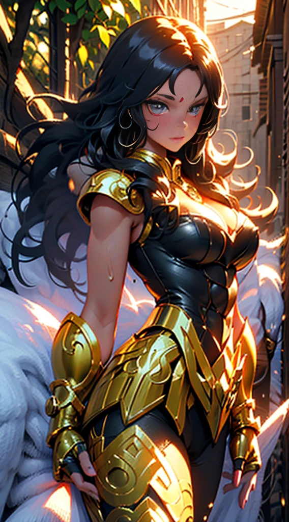 Create the image of a stunning woman with long, straight hair and wearing imposing armor. She is depicted in a majestic pose, with her wavy hair falling gently over her shoulders. Her armor is a work of art, with intricate details and elegant embellishments, reflecting the sunlight that streams through the nearby trees,Her eyes convey a mix of determination and grace as she wields a sword or shield with confidence. In the background, a picturesque setting of lush natural landscape, with distant mountains and a clear blue sky. This woman is not only a skilled warrior, but also a vision of beauty and strength