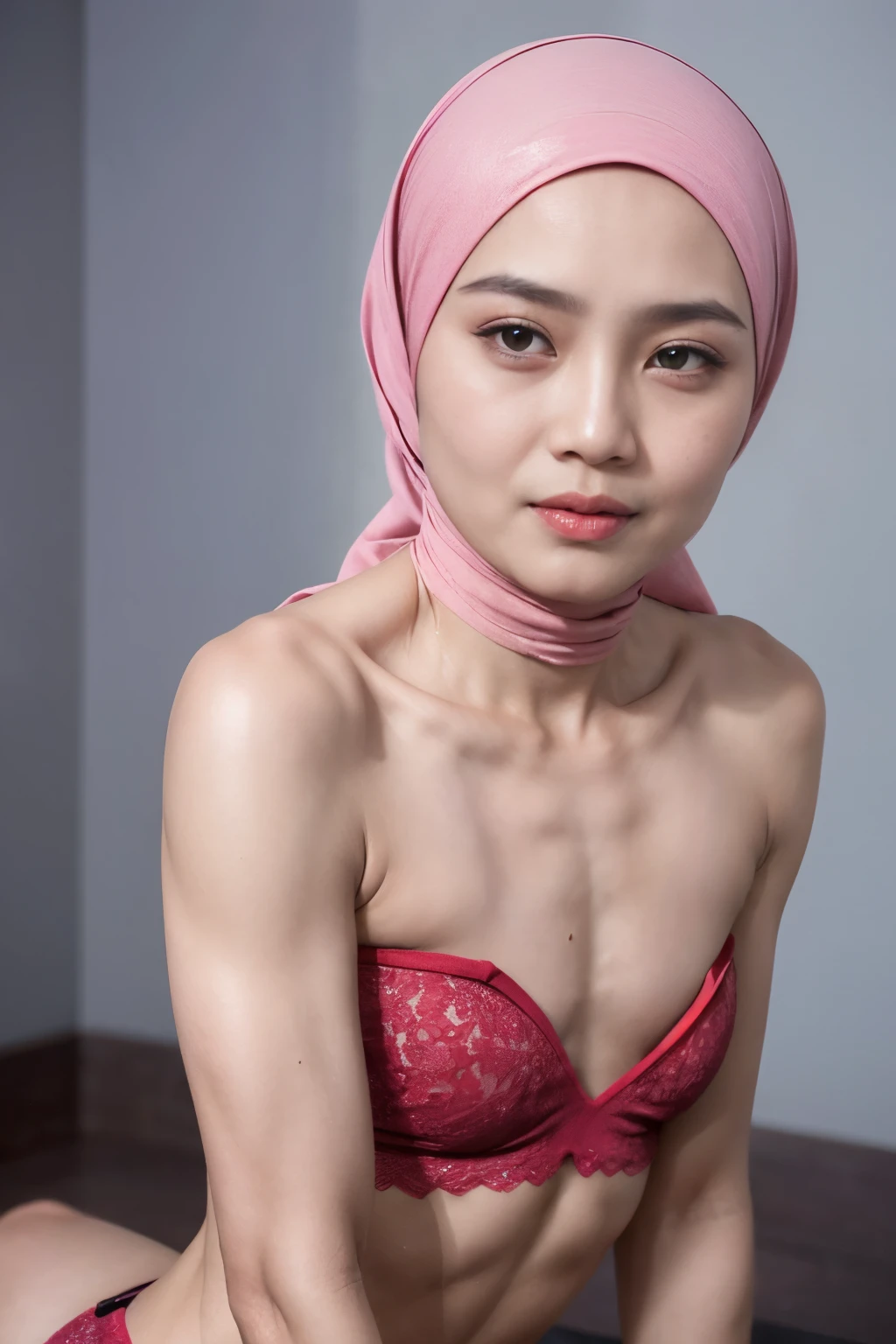 ((NAKED FLAT CHEST:1.8)), (Happy smile), (((HIJAB MALAY GIRL))), masutepiece, High quality, UHD 32K, Realistic face, Realistic skin feeling , A Japanese Lady, 58 years old matured lady, , Very cute and baby-like face, (((FLAT CHEST))), (Night time at forest), ((look In front  at the camera and SADNESS)), (((WHITE FLUORESCENT))), (((CUTE GIRL))), ((LIGHT BLUE FLUORESCENT LIPS)), ((Floral Pattern)) little wearing strapless bra, strapless colorful bra, dark night background , black forest night, horror scary place, (from behind up) seductive pose