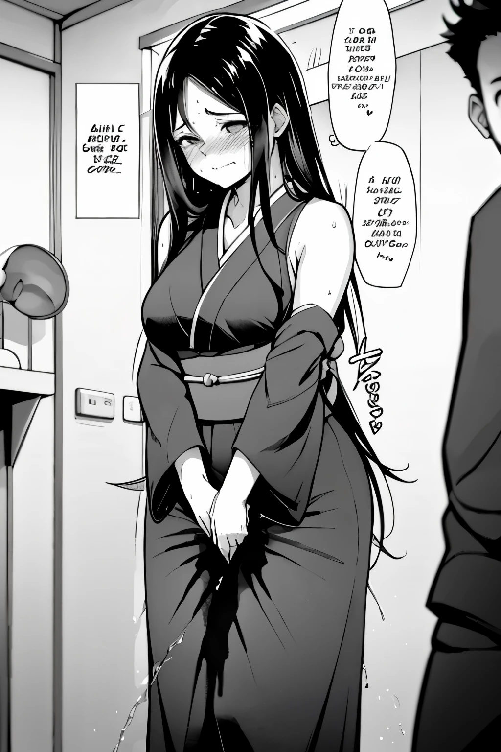 A woman with very long (black hair:1.5), wearing a floral-pattern kimono, stands in a (monochrome:1.25) setting. The artwork is inspired by manga and incorporates a doujin style. The woman appears to be (wetting herself:1.5), which causes her to feel embarrassed and humiliated, resulting in a blush on her face. In addition, there is an air of anger in her expression. The lighting in the scene is moody, with a spotlight highlighting the woman's figure. She is crossing her arms, (arms crossed:1.5), fully showcasing her kimono., medium breasts, full kimono