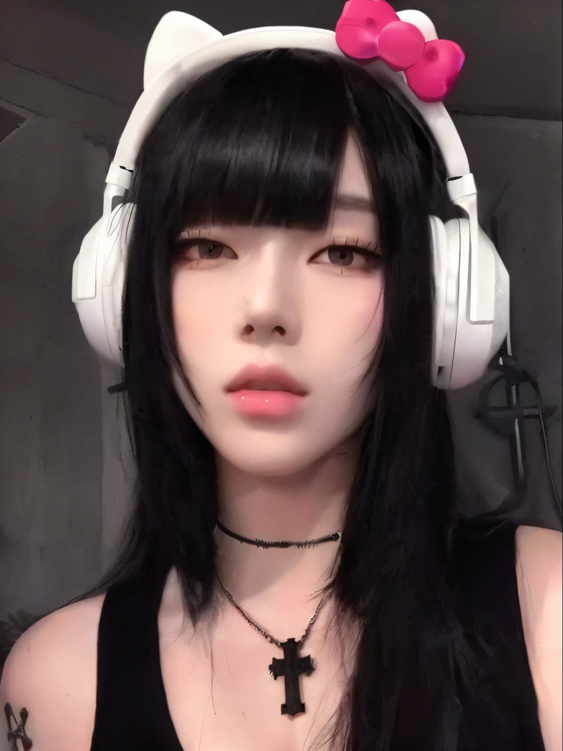 arafed woman with headphones and a necklace with a cross on it, cruel korean goth girl, she has black hair with bangs, black hair and white bangs, belle delphine, hair blackbangs hair, ulzzang, whitebangsblackhair, with headphones, 1 7 - year - old anime goth girl, anime vibes, with head phones
