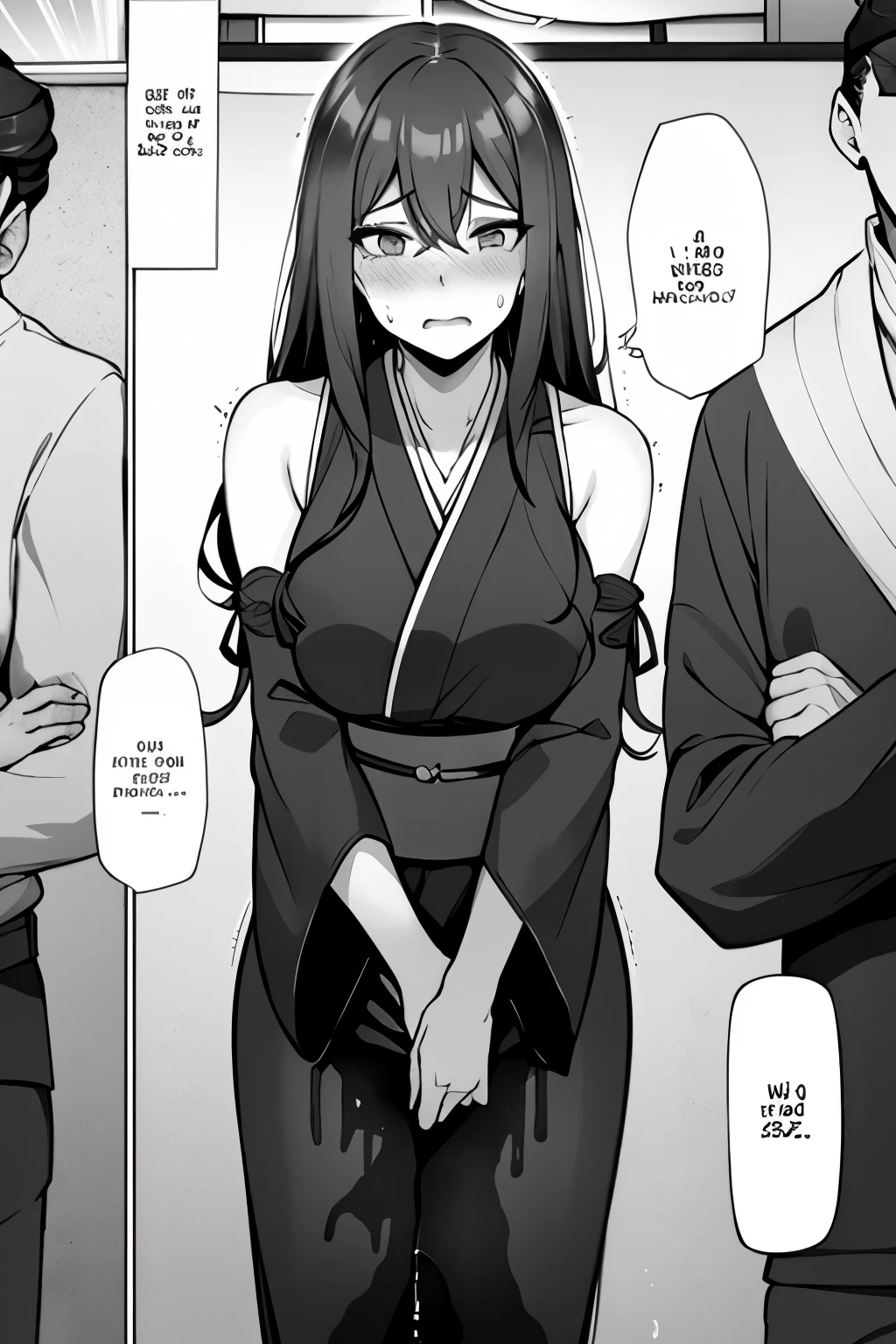 A woman with very long (black hair:1.5), wearing a floral-pattern kimono, stands in a (monochrome:1.25) setting. The artwork is inspired by manga and incorporates a doujin style. The woman appears to be (wetting herself:1.5), which causes her to feel embarrassed and humiliated, resulting in a blush on her face. In addition, there is an air of anger in her expression. The lighting in the scene is moody, with a spotlight highlighting the woman's figure. She is crossing her arms, (arms crossed:1.5), fully showcasing her kimono., medium , full kimono