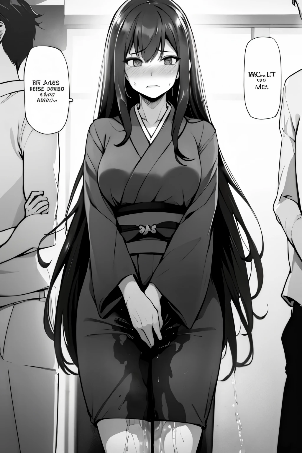 A woman with very long (black hair:1.5), wearing a floral-pattern kimono, stands in a (monochrome:1.25) setting. The artwork is inspired by manga and incorporates a doujin style. The woman appears to be (wetting herself:1.5), which causes her to feel embarrassed and humiliated, resulting in a blush on her face. In addition, there is an air of anger in her expression. The lighting in the scene is moody, with a spotlight highlighting the woman's figure. She is crossing her arms, (arms crossed:1.5), fully showcasing her kimono., medium breasts, full kimono