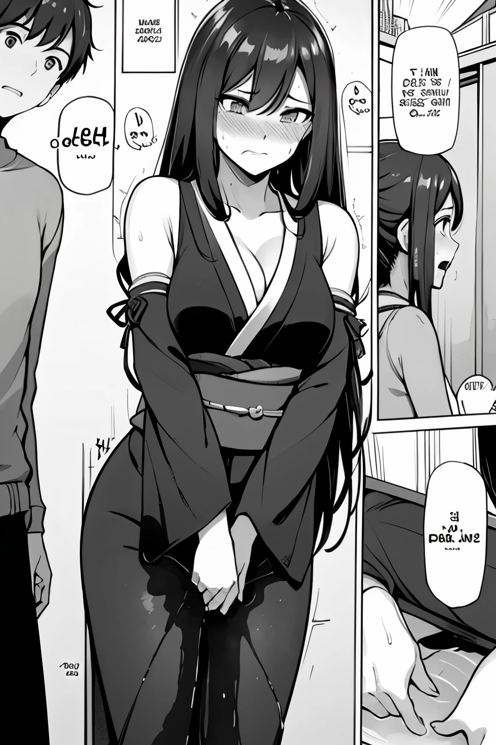 A woman with very long (black hair:1.5), wearing a floral-pattern kimono, stands in a (monochrome:1.25) setting. The artwork is inspired by manga and incorporates a doujin style. The woman appears to be (wetting herself:1.5), which causes her to feel embarrassed and humiliated, resulting in a blush on her face. In addition, there is an air of anger in her expression. The lighting in the scene is moody, with a spotlight highlighting the woman's figure. She is crossing her arms, (arms crossed:1.5), fully showcasing her kimono., medium breasts, full kimono