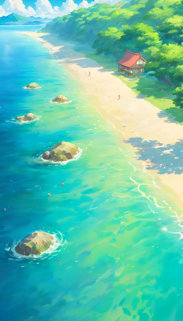 Sea,magical,blue sky,clouds,vibrant colors, greens,sunlight reflecting in water,sandy beach,dreamlike,soft focus,ethereal,highres,bestquality,masterpiece,summer