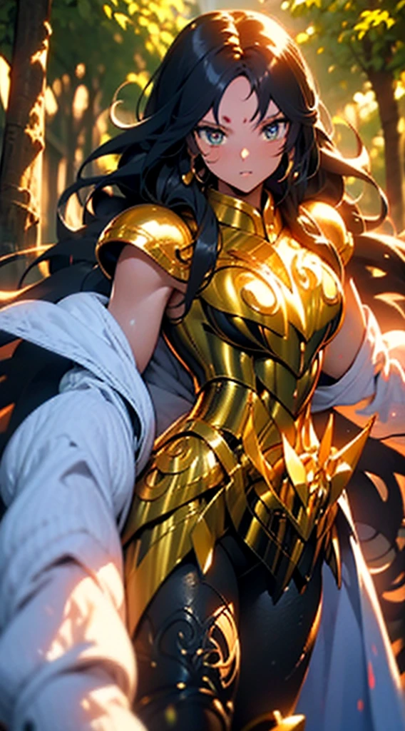 Create the image of a stunning woman with long, straight hair and wearing imposing armor. She is depicted in a majestic pose, with her wavy hair falling gently over her shoulders. Her armor is a work of art, with intricate details and elegant embellishments, reflecting the sunlight that streams through the nearby trees,Her eyes convey a mix of determination and grace as she wields a sword or shield with confidence. In the background, a picturesque setting of lush natural landscape, with distant mountains and a clear blue sky. This woman is not only a skilled warrior, but also a vision of beauty and strength