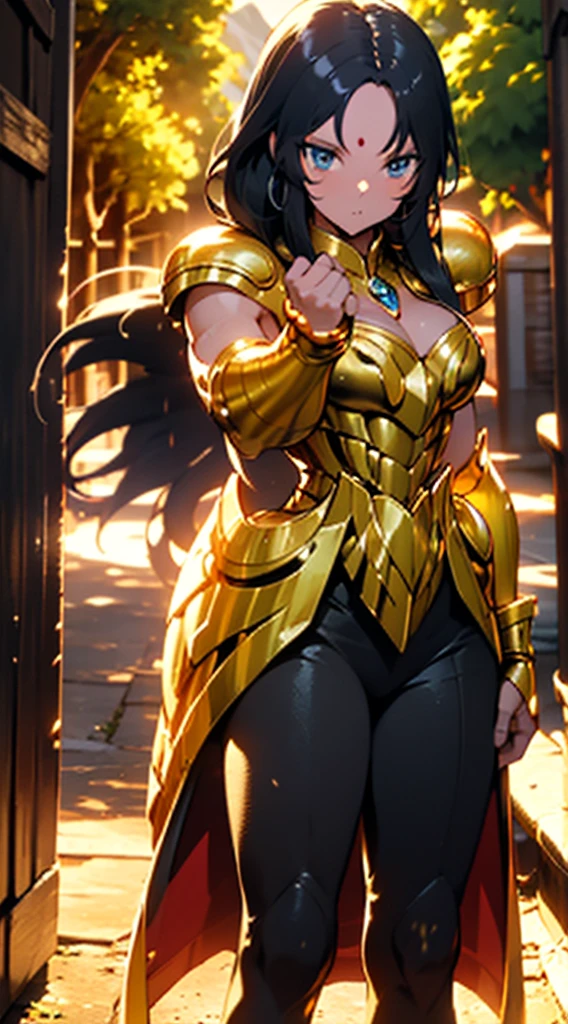 Create the image of a stunning woman with long, straight hair and wearing imposing armor. She is depicted in a majestic pose, with her wavy hair falling gently over her shoulders. Her armor is a work of art, with intricate details and elegant embellishments, reflecting the sunlight that streams through the nearby trees,Her eyes convey a mix of determination and grace as she wields a sword or shield with confidence. In the background, a picturesque setting of lush natural landscape, with distant mountains and a clear blue sky. This woman is not only a skilled warrior, but also a vision of beauty and strength