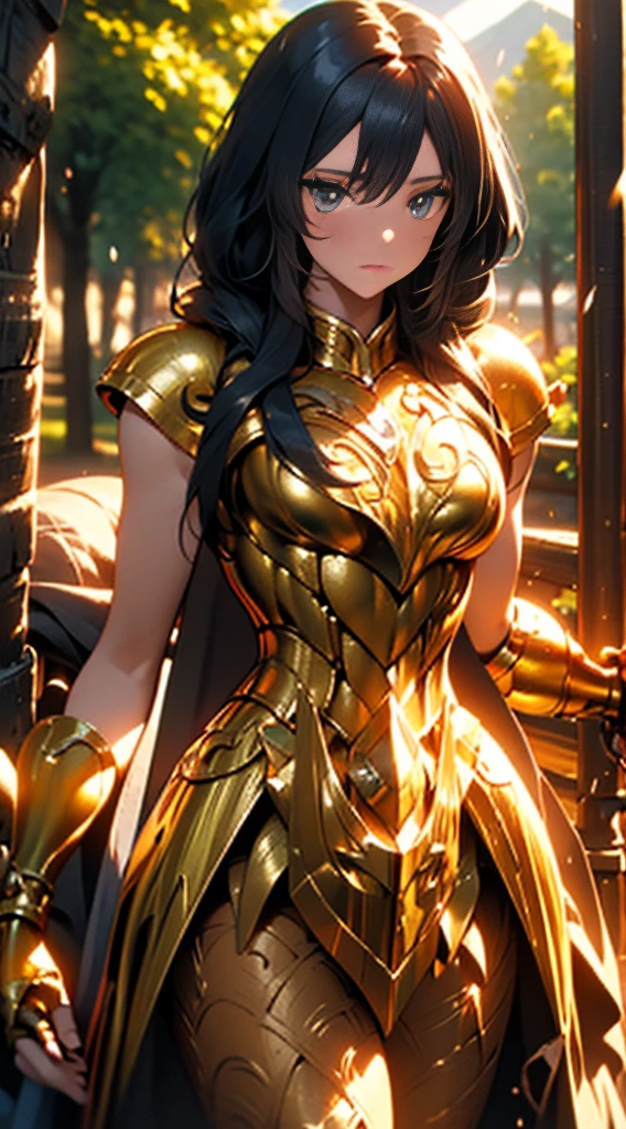 Create the image of a stunning woman with long, straight hair and wearing imposing armor. She is depicted in a majestic pose, with her wavy hair falling gently over her shoulders. Her armor is a work of art, with intricate details and elegant embellishments, reflecting the sunlight that streams through the nearby trees,Her eyes convey a mix of determination and grace as she wields a sword or shield with confidence. In the background, a picturesque setting of lush natural landscape, with distant mountains and a clear blue sky. This woman is not only a skilled warrior, but also a vision of beauty and strength