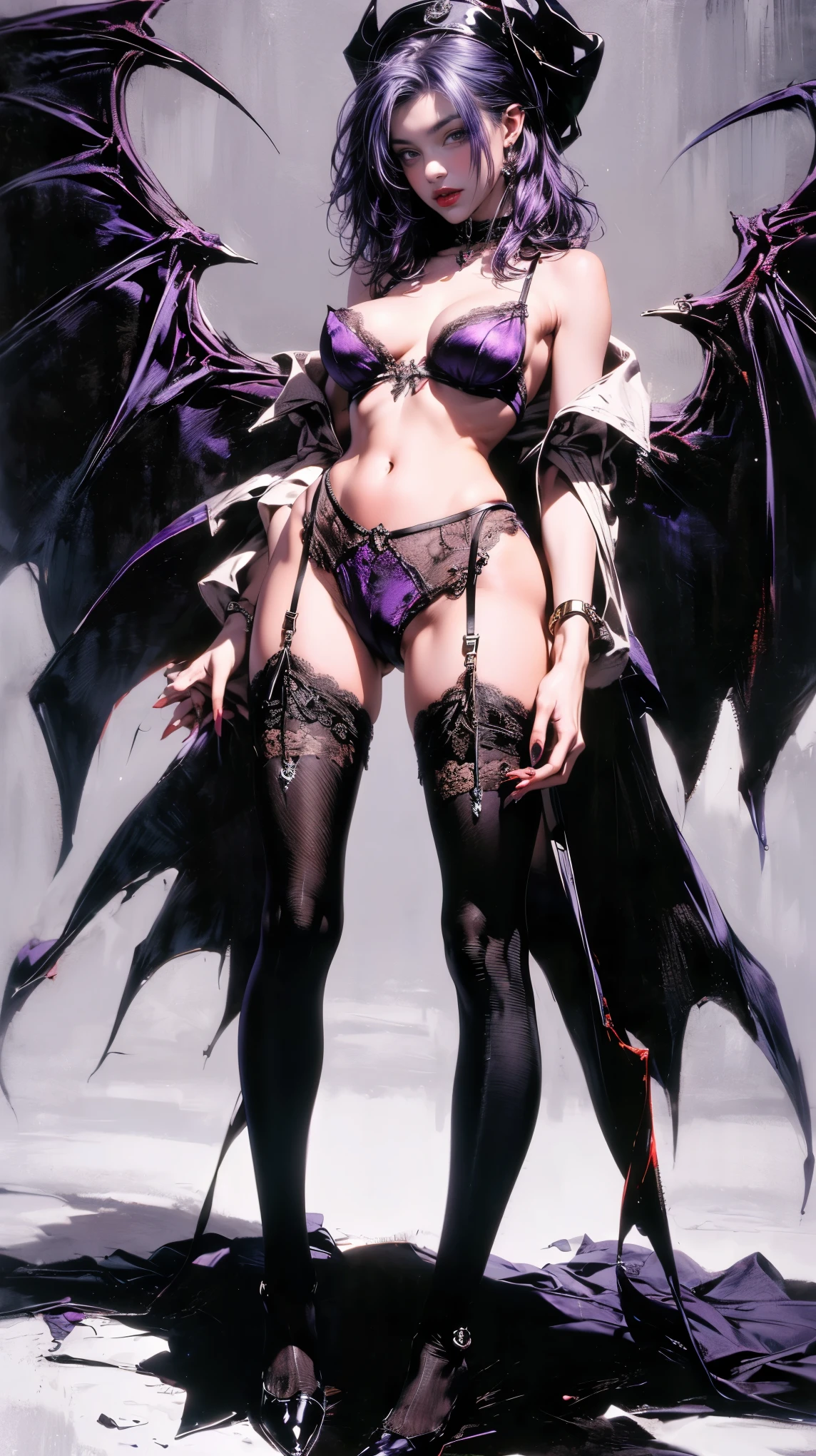 ((NSFW)), best quality (4K, high resolution, masterpiece:1.2), ultra-detailed, realistic (photo-realistic:1.37), Isolde, the Purple Queen of Lust, (majestic demonic enchantress), ((full body portrait)), ((wearing elegance and daring dark purple Lace Lingerie Sets that include Garter Belts with One Piece Bodysuit)), ((black lace stocking)), ((expose cleavage)), (F cup breasts), (amethyst jewelry), captivating yet intimidating gaze, hypnotic, ((demonic purple eyes)), poised stance, ((flowing vibrant purple hair)), (((snow-white skin))), intense and passionate aura with a hint of darkness, ((dark purple color scheme)), sharp focus, perfect, ominous lighting, confident, sinister demeanor, intriguingly wicked smile, powerful lust magic and sinister energy radiating from her eyes, entrancing yet eerie atmosphere, inspired by fantasy art and dark mythology, emphasizing her allure, lust, and malevolent charm, meticulous attention to facial details showcasing her stunning beauty, elaborate, striking visual impact, expressive yet wicked facial features, supernatural elements blended with a sinister reality, (exceptionally detailed:1.3), super finely detailed and clawed hands, ultra finely detailed fingers (ten fingers), ((suggestive and intimidating posing)), ((luxurious palace with a dark foreboding background)).