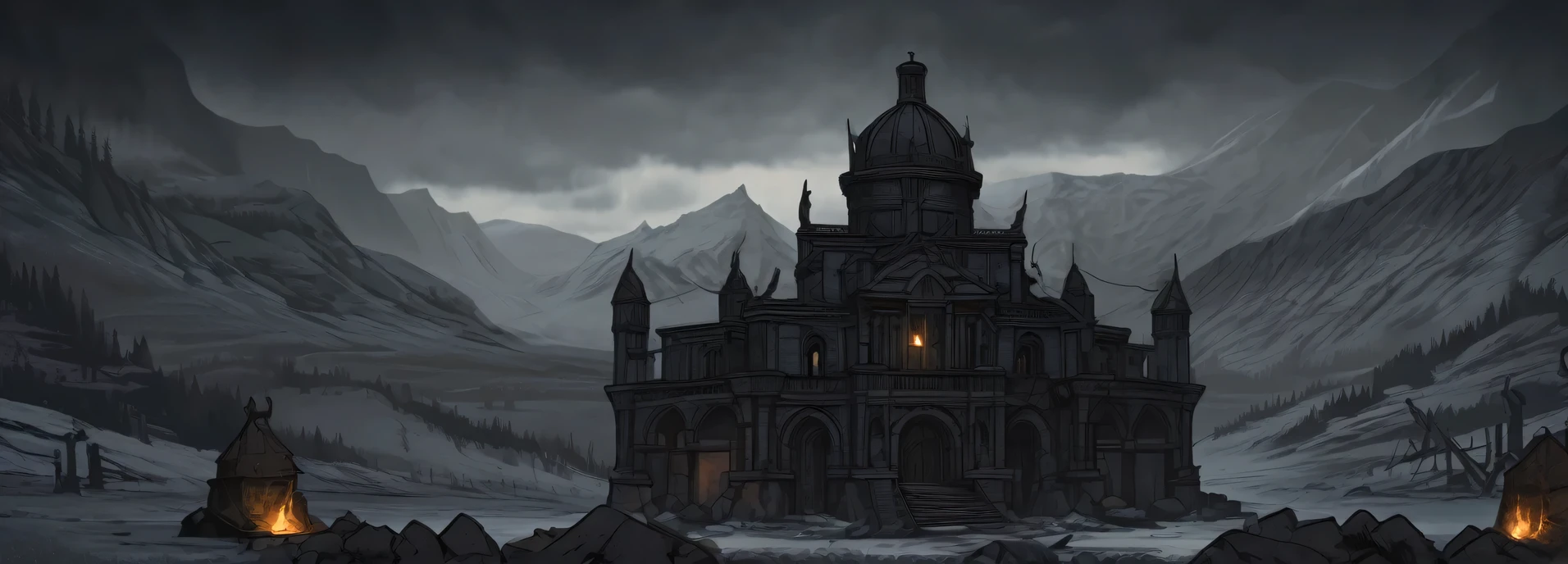 ((darkest dungeon style)), (highly detailed background), hopeless art, background, dry valleys, gray sky, gloomy sky, (dark lighting), many shadows, cold lights, dark art, highly detailed, extremely detailed, masterpiece