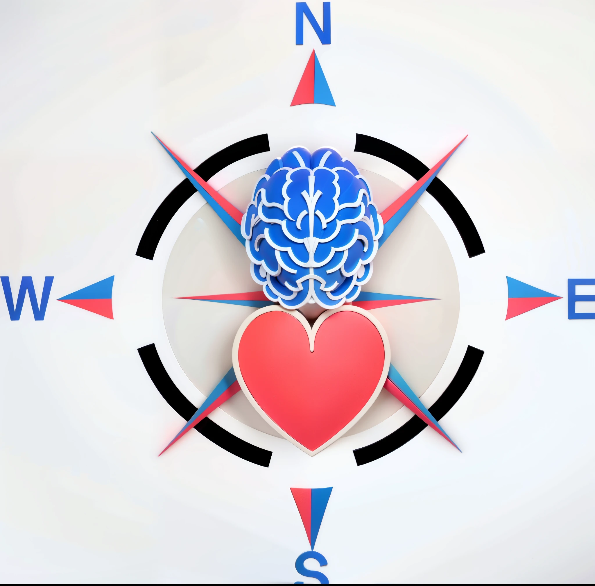 A logo for a company specializing in human resources where the elements are made up of a compass, in the center of this compass there is a drawing of a brain at the top next to the letter N which represents north and below, within the circle, a heart oriented towards the south of the compass the colors used are blue, red and black. a close up of a compass with heart and brain, mechanical heart in center, connected to heart machines, conscience projection, head is Centrado, Centrado in picture, Compass energy flowing, well Centrado, inside the irradiated connection, Neuroscience, complex emotion, video still, easy to understand, mente, Centrado, imagem de perfil, conscience. Logo of a company specializing in human resources where the elements are made up of a compass, in the center of this compass there is a drawing of a blue brain at the top next to the letter N which represents north and below, Inside the circle, a heart oriented towards the south of the compass the colors used are blue, vermelho e preto.