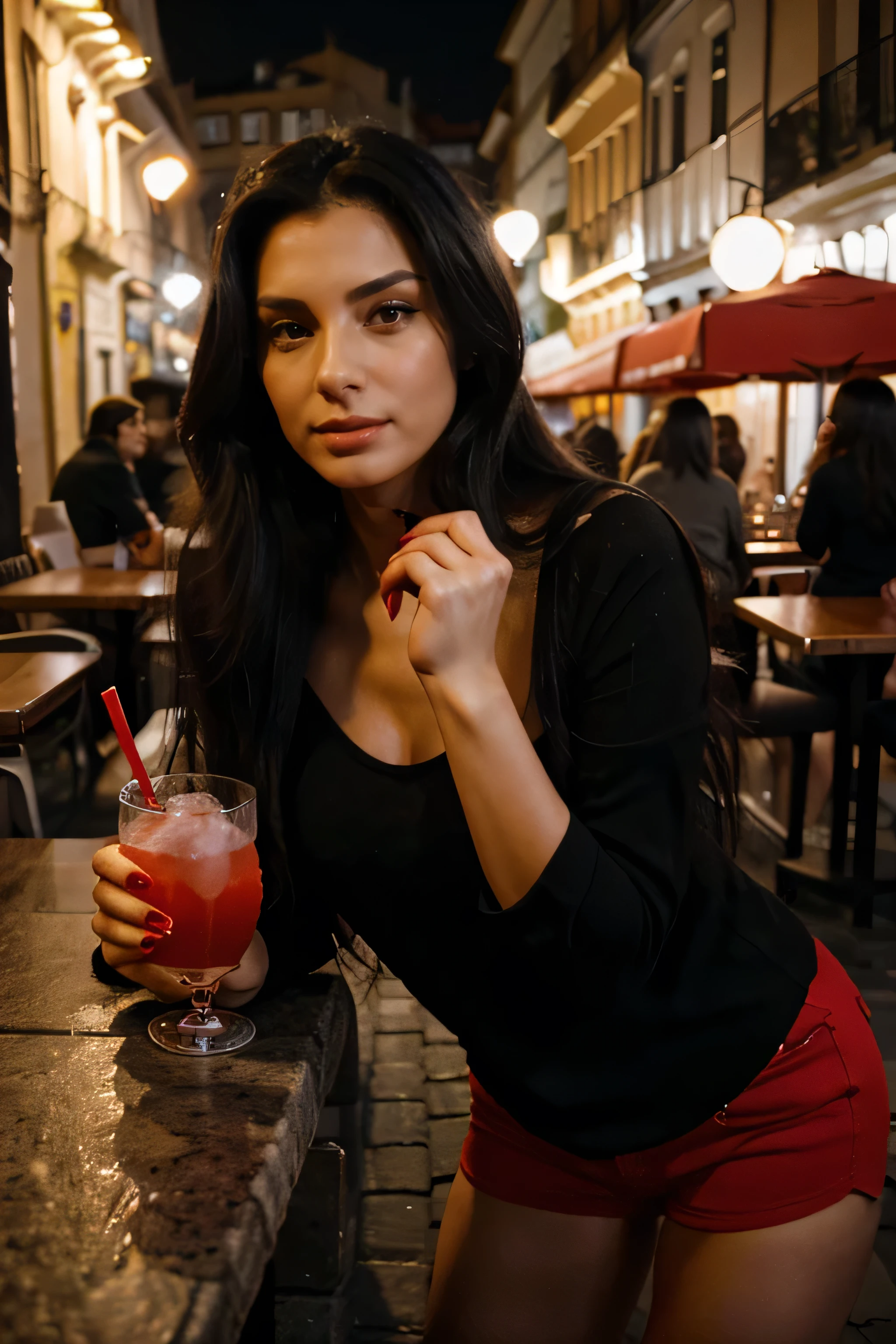 fit tall black long haired beautiful lady wearing casual red clothes with red nails having a drink at night in Porto, Portugal