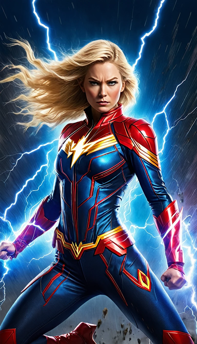 The image depicts a female superhero character, exuding an aura of power and confidence. She is adorned in a vibrant blue and red suit, with a striking lightning bolt emblem on her chest, symbolizing her electrical abilities. Her blonde hair is styled in a dynamic, windswept manner, adding to the sense of motion and energy. The background is a dramatic blend of red and black, with lightning bolts crackling around her, emphasizing her electrifying powers. The overall composition of the image suggests a strong, heroic figure ready to take on any challenge.