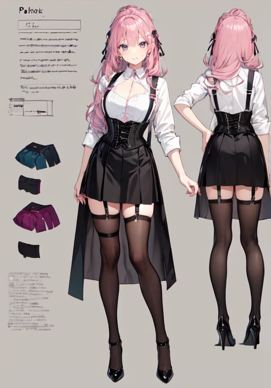 pink hair,Long hair,Adult female,Bartender,((Body harness)),((Rolling up your sleeves shirt)),(Corset),(Tight skirt),Garter belt,High heels,((Simple background)),Smile,((Full body)),((whole body)),Character Sheet,