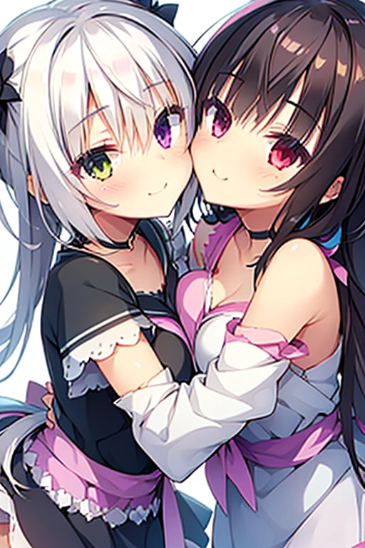 Two girls,Twin-tailed,Chest to chest,hug,Heterochromia,magical girl costume,evil smile,White background,Top image quality,Best Quality