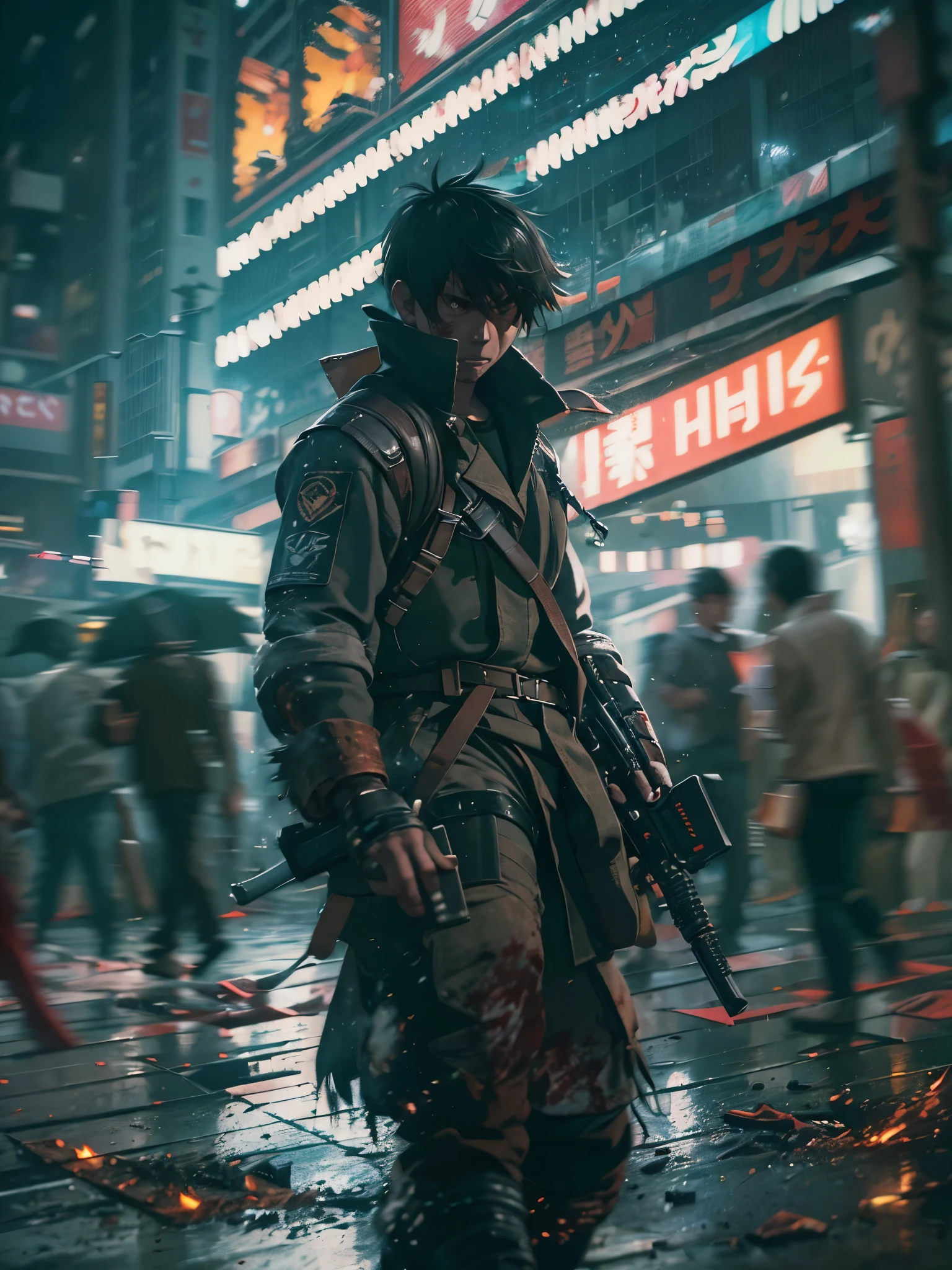 (high quality, 8k, 4K, high contrast, masterpiece: 1.2, 最high quality, best aesthetic), Shibuya crossing, post-apocalyptic, 1 man, focus, intense fight, fighting action pose, ((( Blur effect motion speed: 1.6))), destroyed Tokyo atmosphere, empty street scene, broken neon signs, depressing atmosphere, fast movement, ((motion blur on arms)), shadow assassin, assassinating an enemy , destroyed architecture, blood on the ground, less blood stained, evil energy, cinematic colors, dynamic settings, atmospheric perspective, epic lighting, (1vs1), (desenfundado).