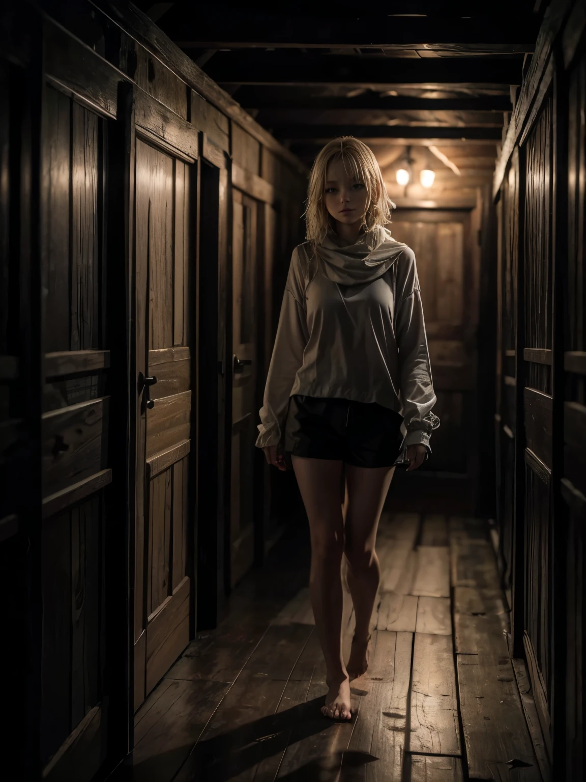 A beautiful and sexy blonde walking through a dark and cold cabin at night, she is facing her, she has beautiful eyes, innocent face, cold skin, thin, thin waist, it is dawn and she is very cold, chilly, cold air coming out of her mouth, a place that is barely haunting and dark, tense atmosphere of terror, dark and scary ambient lighting,  Old and dark cabin, she is barefoot wearing very short shorts and a very short blouse, she is wrapped with a sheet because of the cold. Masterpiece, f