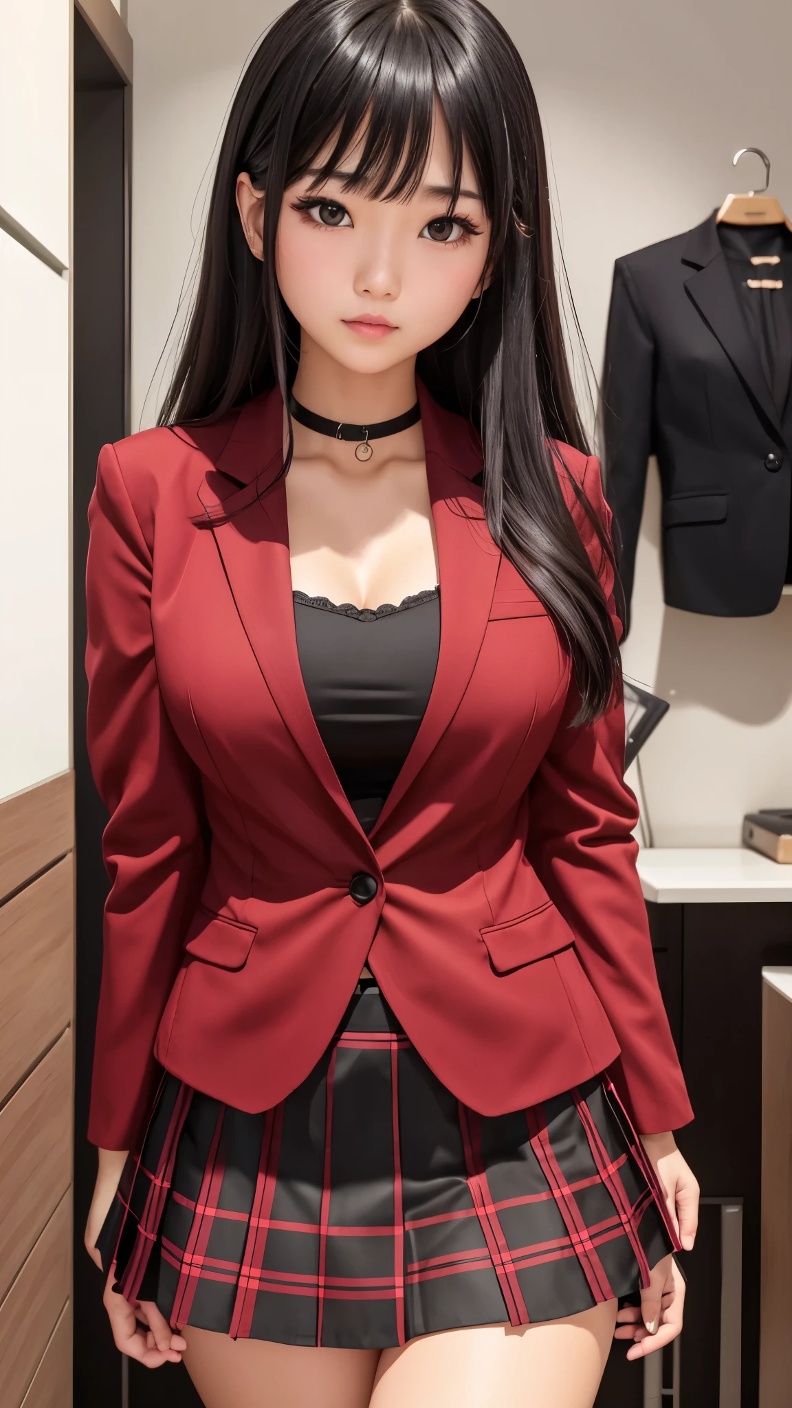 Detailed face、highlight、Asian、girl、thigh、breast enhancement、black髪、Heavy bangs、(blazer、black、red、)(Checked skirt、black、red、white、)