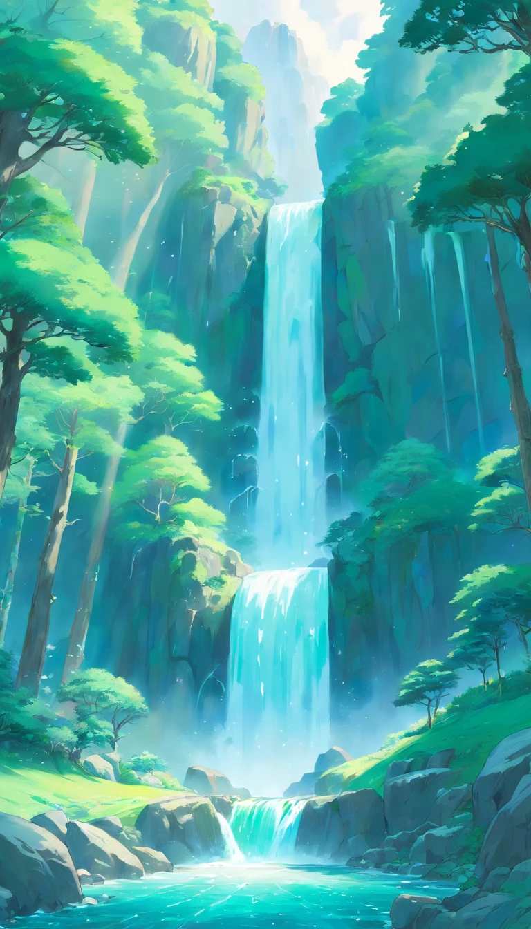 Magical,greys,vibrant colors,mountains,trees,phthalo green,dreamlike,soft focus,ethereal,winter,waterfall