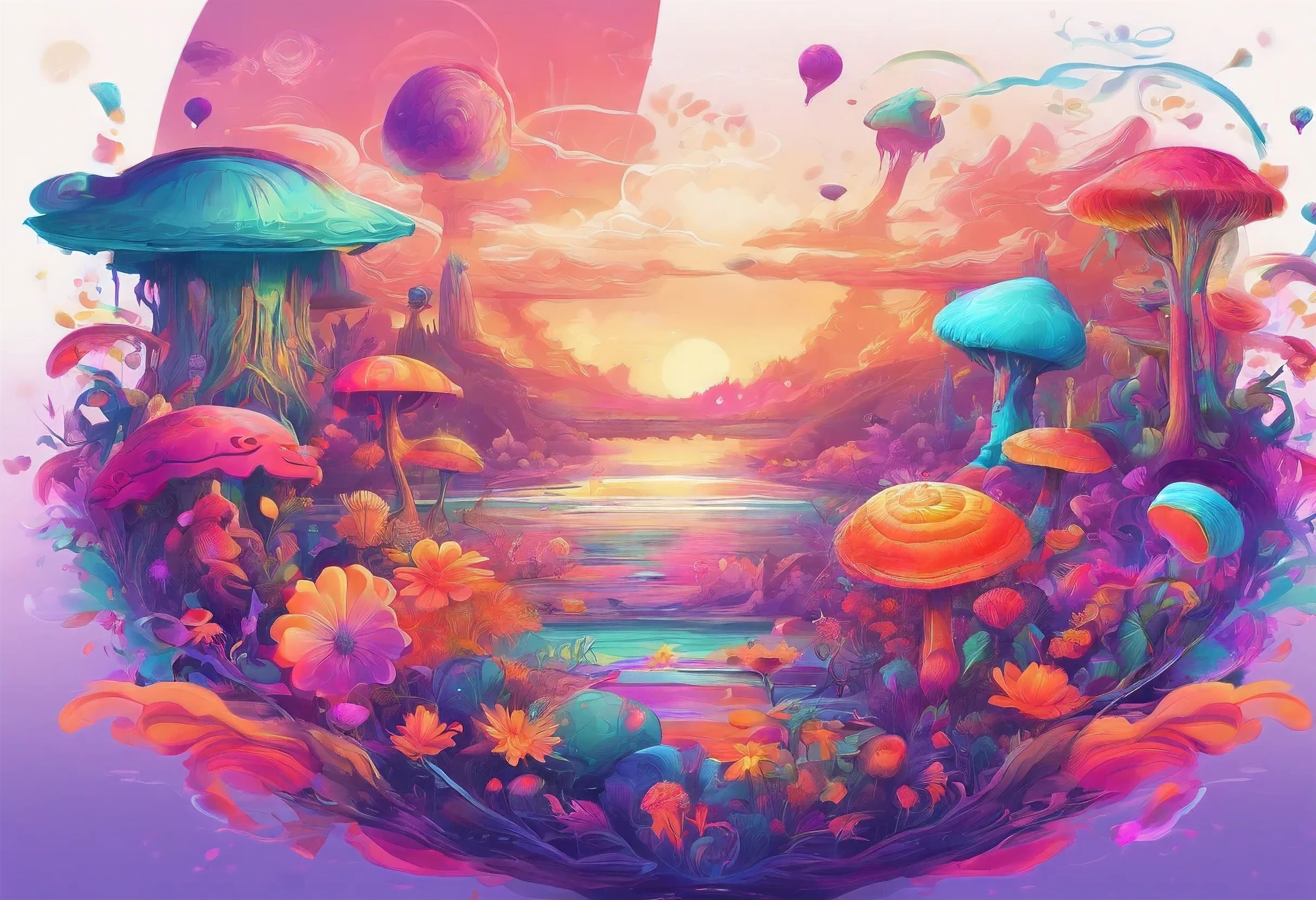Imagine a planet year is 2251
Future is beautiful, peaceful, filled with plants and strange flowers all over, sunset has planets in the sky, colorful purple, neon green and orange, cyberpunk style, widescreen 8k, hyper realistic, reflection of water, with floating jellyfish and large mushrooms, large roses, with a huge ufo flying in the sun.