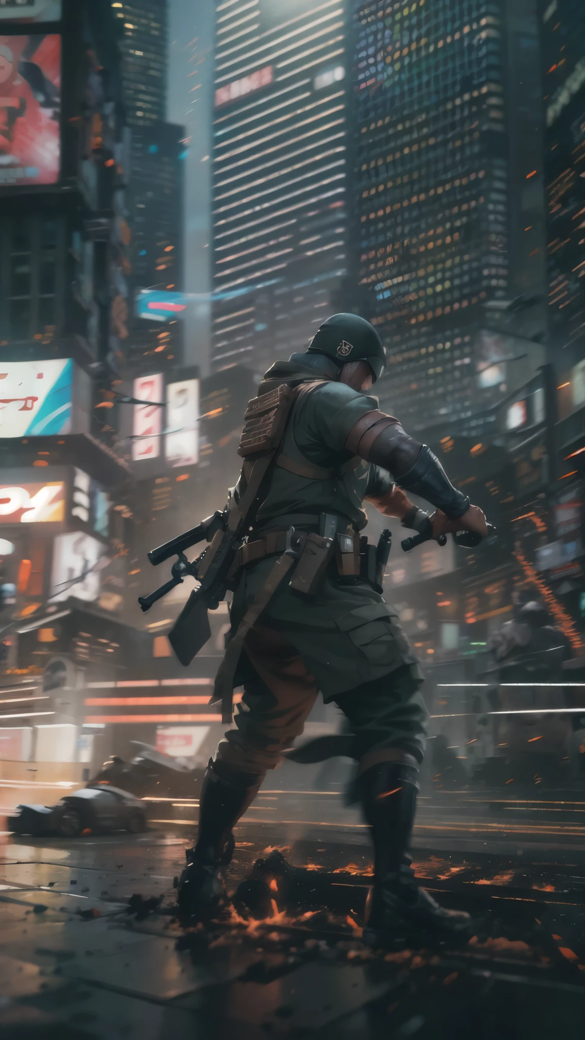 (high quality, 8k, 4K, high contrast, masterpiece: 1.2, 最high quality, best aesthetic), Shibuya crossing, post-apocalyptic, 1 man, focus, intense fight, fighting action pose, ((( Blur effect motion speed: 1.6))), destroyed Tokyo atmosphere, empty street scene, broken neon signs, depressing atmosphere, fast movement, ((motion blur on arms)), shadow assassin, assassinating an enemy , destroyed architecture, blood on the ground, less blood stained, evil energy, cinematic colors, dynamic settings, atmospheric perspective, epic lighting, (1vs1), (desenfundado).