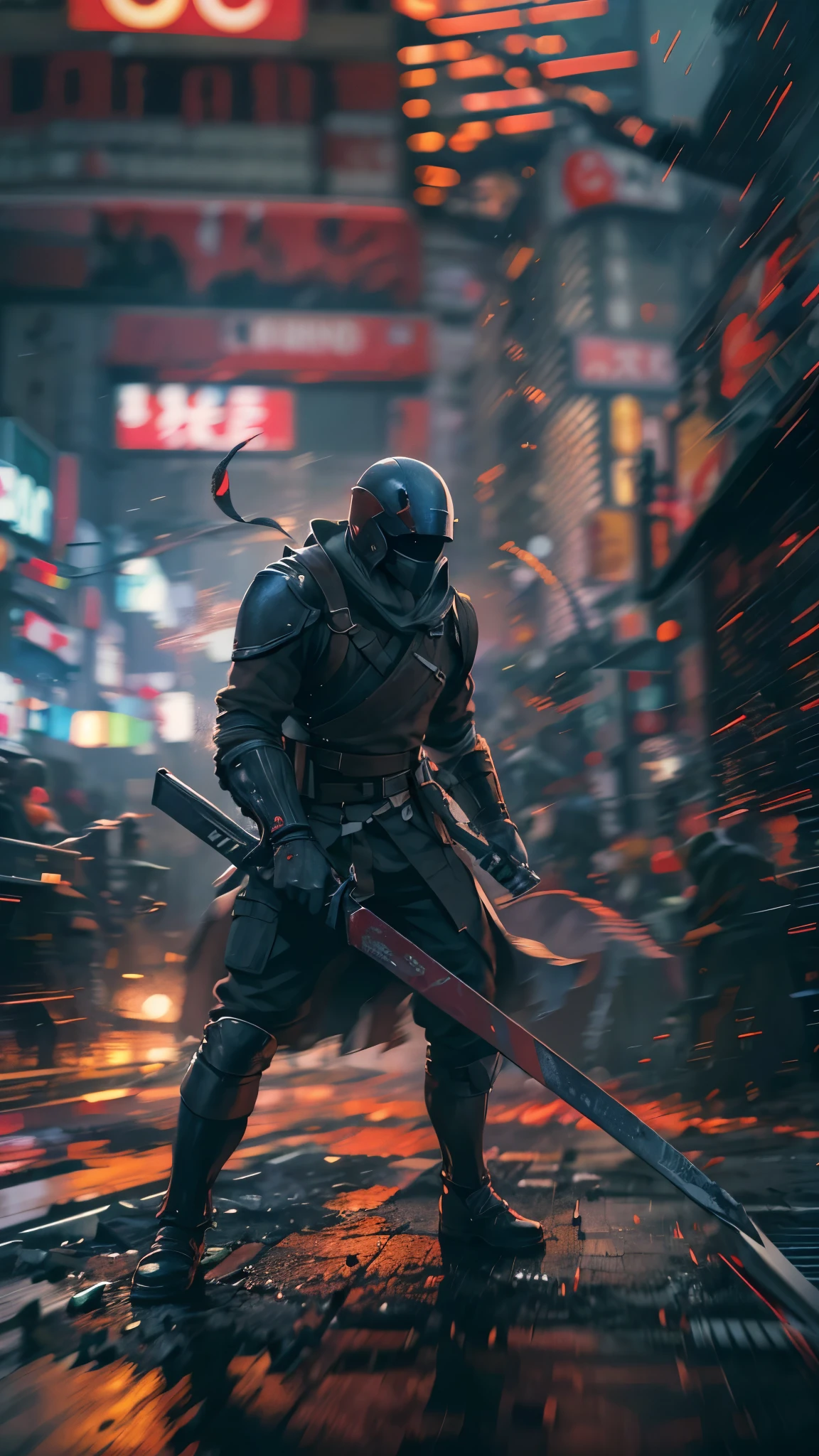 (high quality, 8k, 4K, high contrast, masterpiece: 1.2, 最high quality, best aesthetic), Shibuya crossing, post-apocalyptic, 1 man, focus, intense fight, fighting action pose, ((( Blur effect motion speed: 1.6))), destroyed Tokyo atmosphere, empty street scene, broken neon signs, depressing atmosphere, fast movement, ((motion blur on arms)), shadow assassin, assassinating an enemy , destroyed architecture, blood on the ground, less blood stained, evil energy, cinematic colors, dynamic settings, atmospheric perspective, epic lighting, (1vs1), (desenfundado).