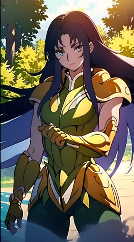 Create the image of a stunning woman with long, straight hair and wearing imposing armor. She is depicted in a majestic pose, with her wavy hair falling gently over her shoulders. Her armor is a work of art, with intricate details and elegant embellishments, reflecting the sunlight that streams through the nearby trees,Her eyes convey a mix of determination and grace as she wields a sword or shield with confidence. In the background, a picturesque setting of lush natural landscape, with distant mountains and a clear blue sky. This woman is not only a skilled warrior, but also a vision of beauty and strength