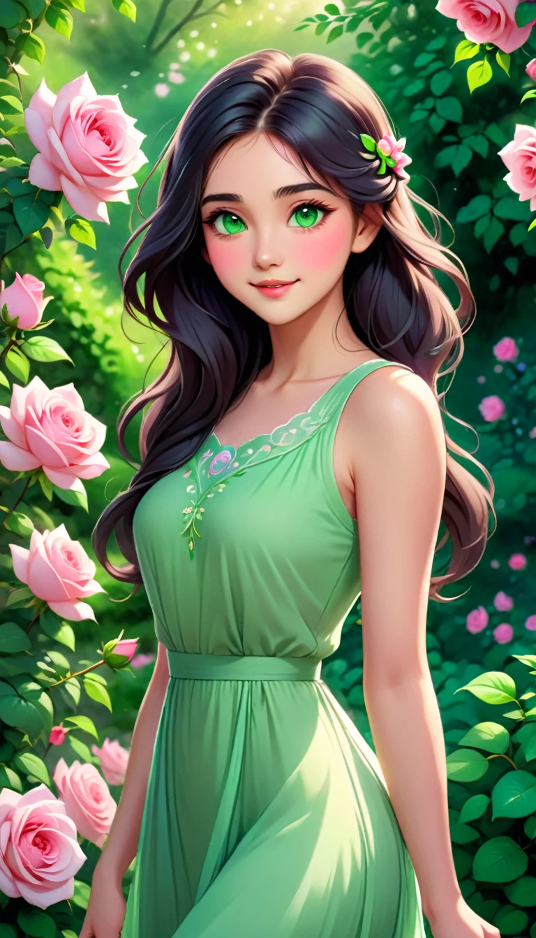 The image depicts a young woman with a serene and ethereal appearance. She has long, flowing dark hair and striking green eyes. Her skin is fair, and she has a gentle smile on her face. She is wearing a sleeveless, green dress that contrasts with the vibrant colors of the rose garden around her. The roses are in full bloom, with pink and white petals, and the garden is lush with green foliage. The lighting in the image is soft and warm, suggesting a peaceful and idyllic setting. The overall impression is one of tranquility and natural beauty.