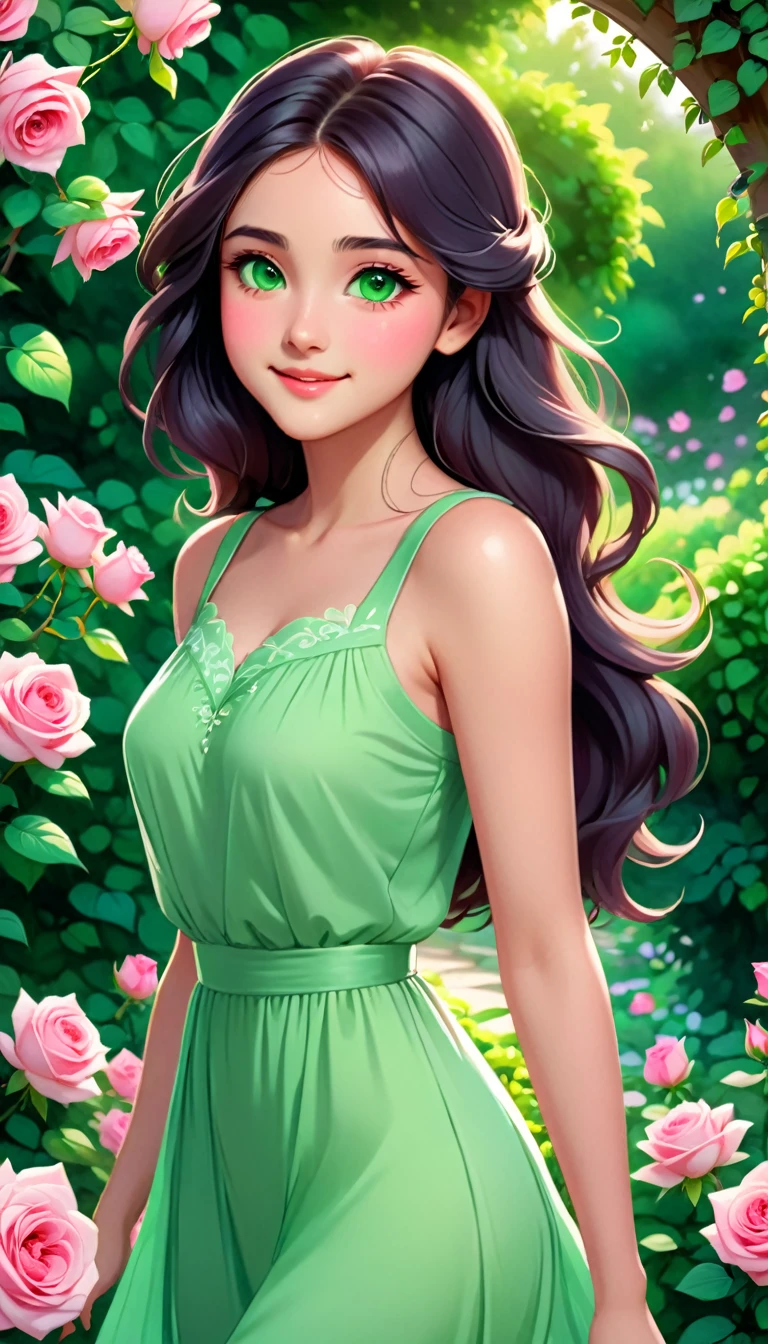 The image depicts a young woman with a serene and ethereal appearance. She has long, flowing dark hair and striking green eyes. Her skin is fair, and she has a gentle smile on her face. She is wearing a sleeveless, green dress that contrasts with the vibrant colors of the rose garden around her. The roses are in full bloom, with pink and white petals, and the garden is lush with green foliage. The lighting in the image is soft and warm, suggesting a peaceful and idyllic setting. The overall impression is one of tranquility and natural beauty.