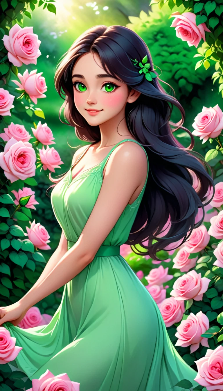 The image depicts a young woman with a serene and ethereal appearance. She has long, flowing dark hair and striking green eyes. Her skin is fair, and she has a gentle smile on her face. She is wearing a sleeveless, green dress that contrasts with the vibrant colors of the rose garden around her. The roses are in full bloom, with pink and white petals, and the garden is lush with green foliage. The lighting in the image is soft and warm, suggesting a peaceful and idyllic setting. The overall impression is one of tranquility and natural beauty.