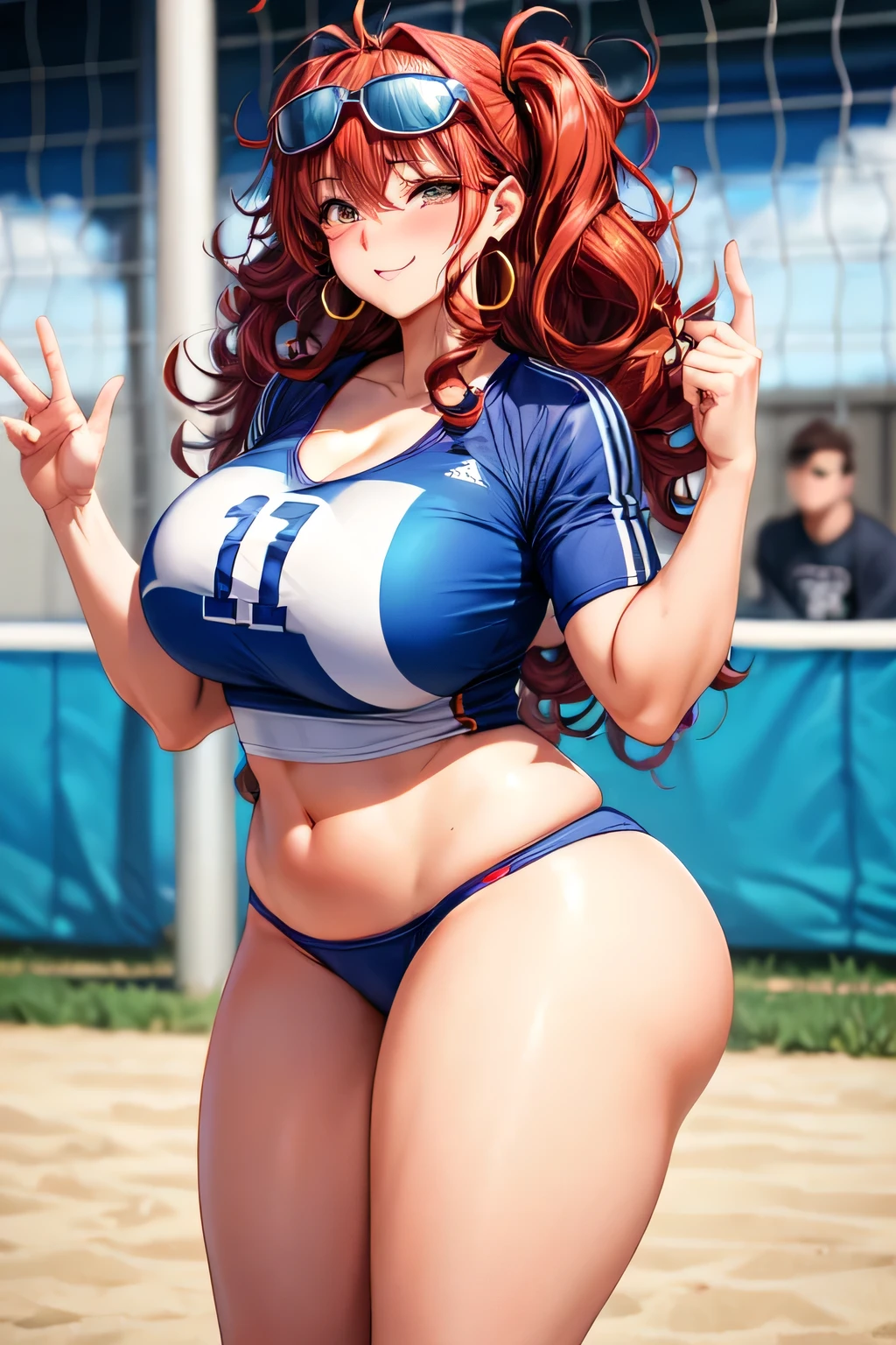 Cute sexy nervous woman with thick long messy curly red hair with sun glasses and glasses with tattoo blushing with bright earrings with thick thighs and big chest in a coach outfit with butt out playing volleyball happy