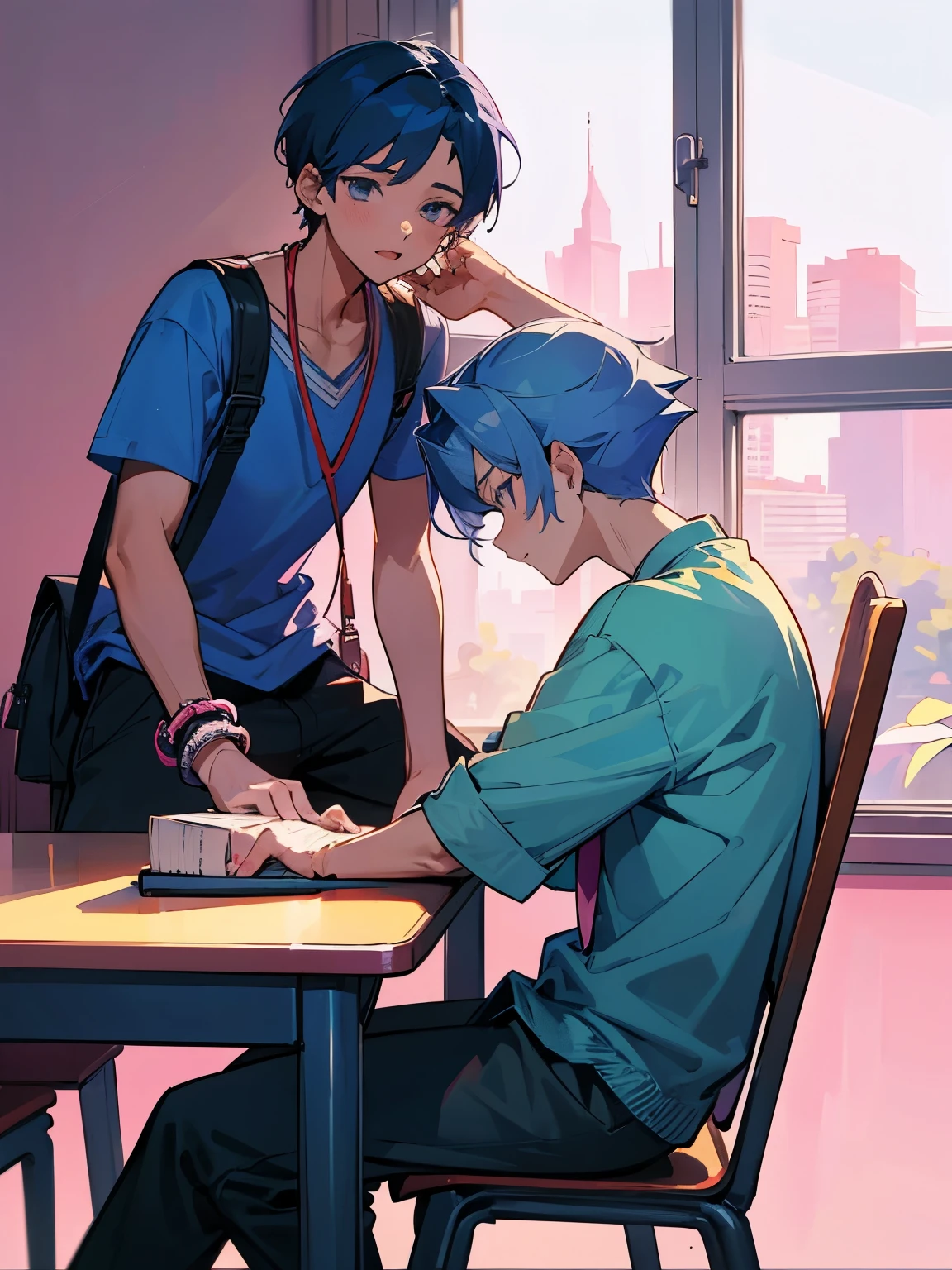 cartoon of two boys sitting at a table with a book and a backpack, ddlc, in the art style of 8 0 s anime, 9 0 s anime style, 90s anime style, in anime style, in an anime style, anime aesthetic, anime vibes, 9 0 s anime aesthetic, 9 0 s anime art style, lofi boy, typical anime classroom, beautiful background window, two cute boys, beautiful faces, two boys, don't extra hands, NO extra hands, generate two boys with NO extra hands, NO extra arm