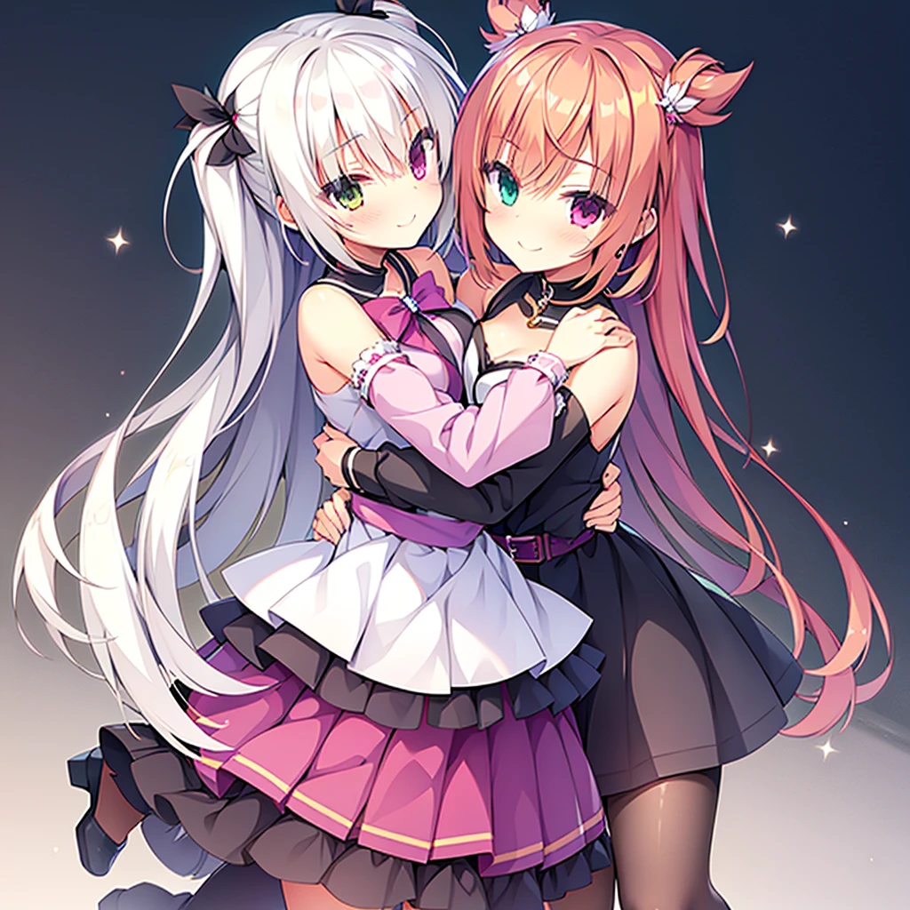 Two girls,Twin-tailed,Chest to chest,hug,Heterochromia,magical girl costume,evil smile,White background,Top image quality,Best Quality