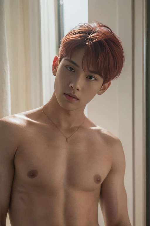 masterpiece,best quality:1.2,high detail,1 male,handsome,muscular male,bare upper body,sport swear,street,looking at viewer,manly,short hair,dyed red hair,Ambient Occlusion,soft lighting,8k uhd,dslr,film grain,Fujifilm XT3 photorealistic art by midjourney, wearing micro thong , sexy , NSFW , full length shot(fls)
