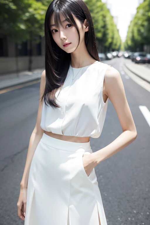 Skinny Japanese lady, 25 years old, masterpiece, Flat color, Depth of Field, lens flare, 1 girl,Very thin waist, Wearing a white blouse, White vest, Brown skirt, Delicate face, Delicate eyes,Sleek, thick long hair,Black and shiny,The shining luster flows in the thick, Jet black smooth hair,#1: Sleek and Neat Bangs,#1: Thick Sleek Bangs,The raging hair covers the whole body,Super smooth hair,Super smooth hair,Super smooth hair不停悸动。