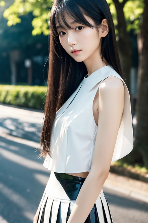 Skinny Japanese lady, 25 years old, masterpiece, Flat color, Depth of Field, lens flare, 1 girl,Very thin waist, Wearing a white blouse, White vest, Brown skirt, Delicate face, Delicate eyes,Sleek, thick long hair,Black and shiny,The shining luster flows in the thick, Jet black smooth hair,#1: Sleek and Neat Bangs,#1: Thick Sleek Bangs,The raging hair covers the whole body,Super smooth hair,Super smooth hair,Super smooth hair不停悸动。