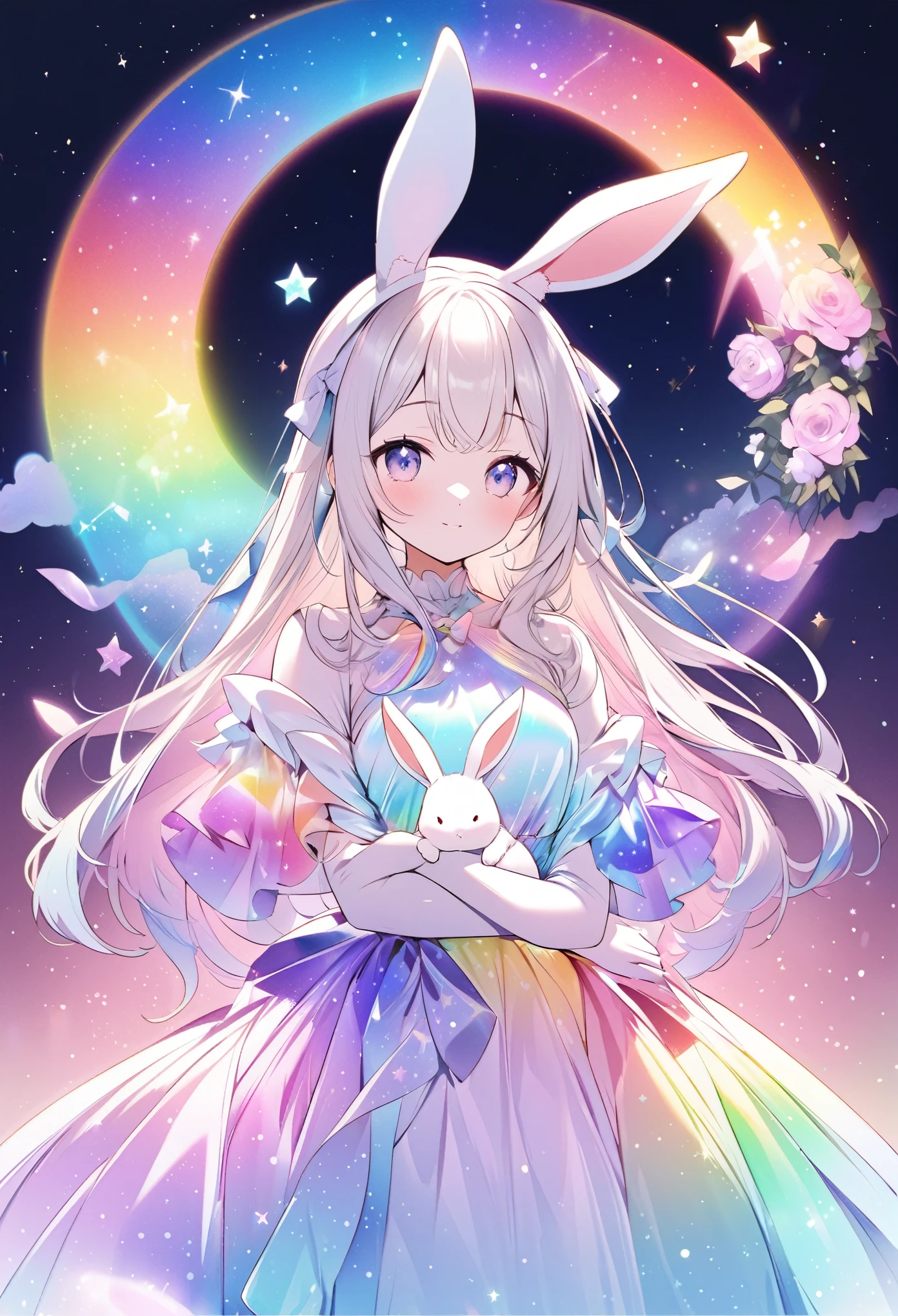 "Create an illustration of a mystical character holding a white rabbit, with light-colored hair adorned with a bow resembling rabbit ears. The character is wearing a shiny, iridescent blouse that reflects various colors. The background should be a celestial, starry sky transitioning into a vibrant rainbow spectrum, giving off an ethereal and magical vibe."