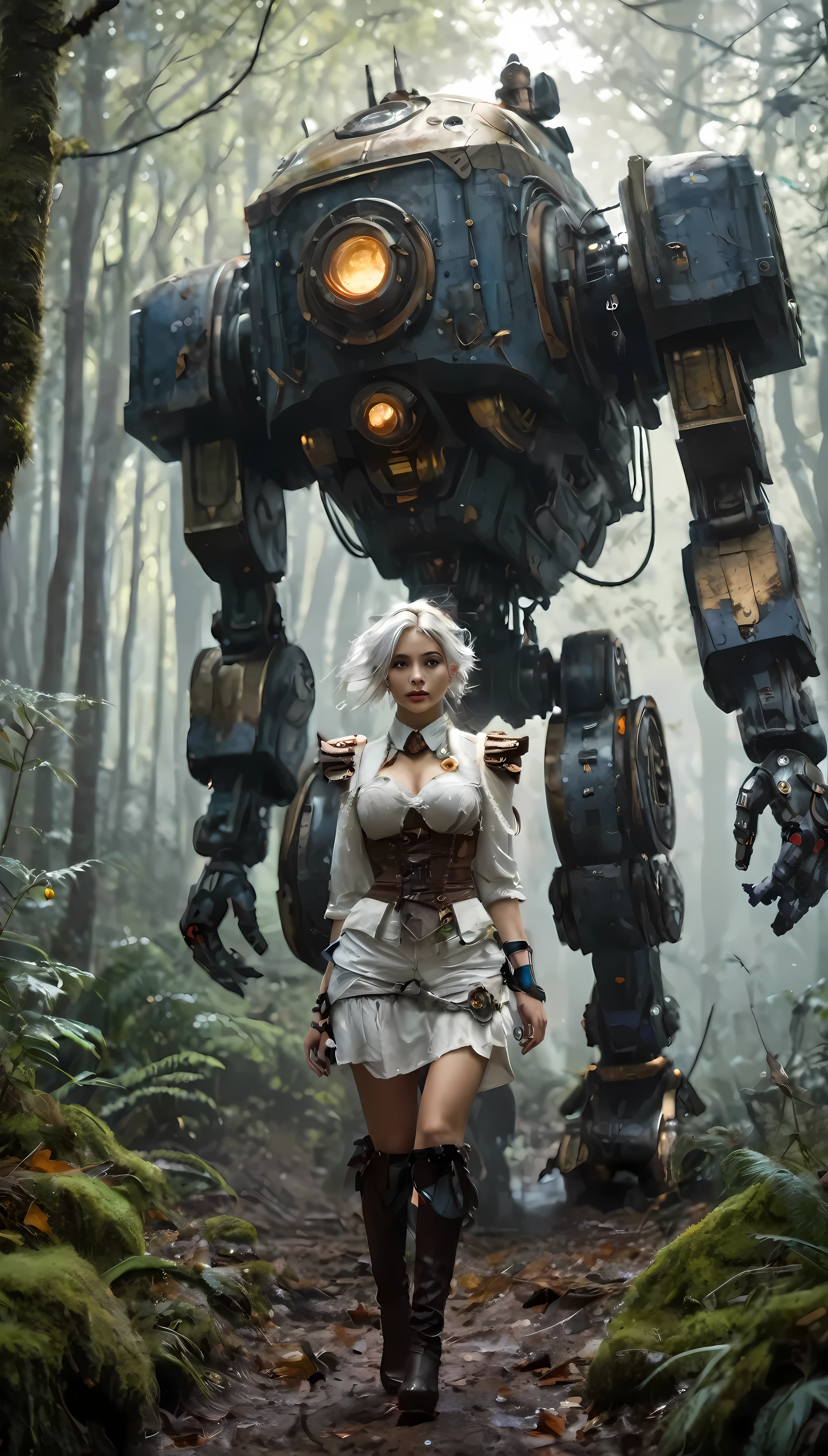 (masterpiece), (anime style), (ultra detailed), (beautiful), (UHD, HDR), (8k), (highres:1.2), (intricate and beautiful:1.2), (dramatic lighting:1.2), a steampunk highly detailed mech, walking with a woman in a misty forest, white hair, detailed clothes, grainy photo, shallow depth of field, By Jean Baptiste Monge, By Karol Bak, By Carne Griffiths, by Jean Baptiste Monge, Michael Garmash, Masterpiece, Unreal Engine 3D; Symbolism, Colourful, Polished, Complex; UHD; D3D; 16K, Full Color Painting, Low Contrast, Soft Cinematic Light, Exposure Blend, HDR, Front, 8k intricate details, iridescent, vivid colours, trending on artstation., cinematic, poster, dark fantasy, photo, graffiti