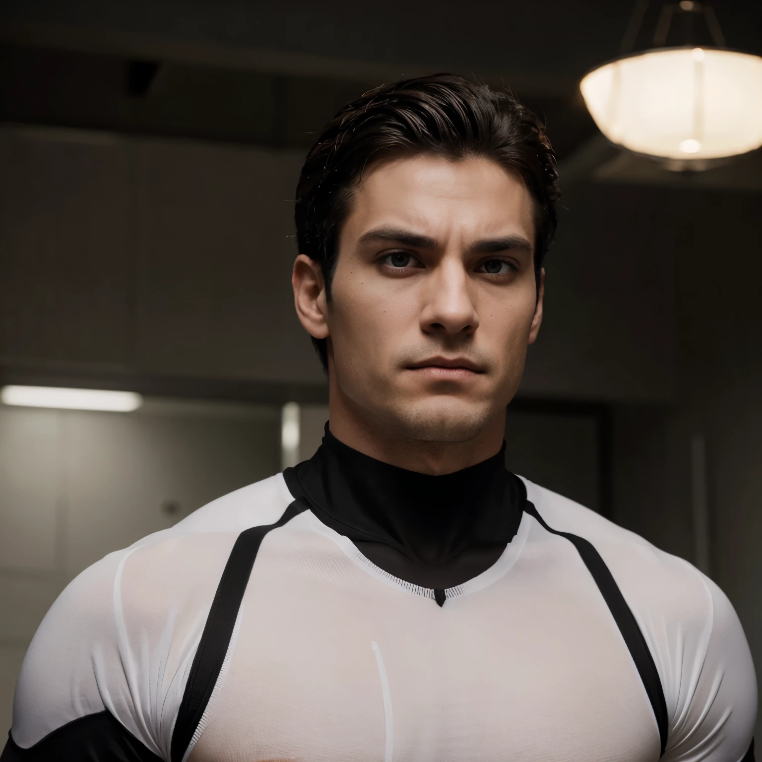 A handsome male, attractive in appearance, with sharp bright eyes and short white curly hair, the man has a muscular build and toned figure, the man's body is slightly scarred due to him being a martial art fighter, the man's height is 6'5 and has sharp fangs. He has his arms crossed and is wearing a tight black compression shirt. The man is serious and emotionless in expression.