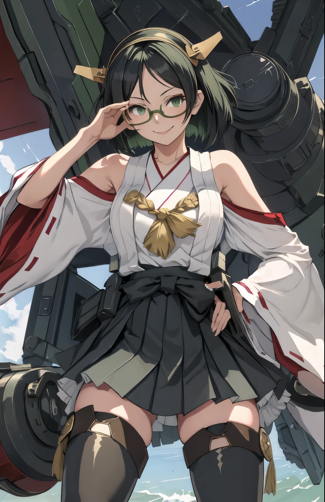 highest quality, masterpiece, High resolution, alone, {Kirishima_Fleet Collection:1.15}, short_hair, Glasses, black_hair, hairband, Non-traditional_Miko, Green Frame_Glasses, headgear, smile, One girl, just_shoulder, green_eye, independent_sleeve, Japanese_Clothes, skirt, thigh_boots, thighhighs, boots, cannon, pantyhose, turret, adjust_Glasses