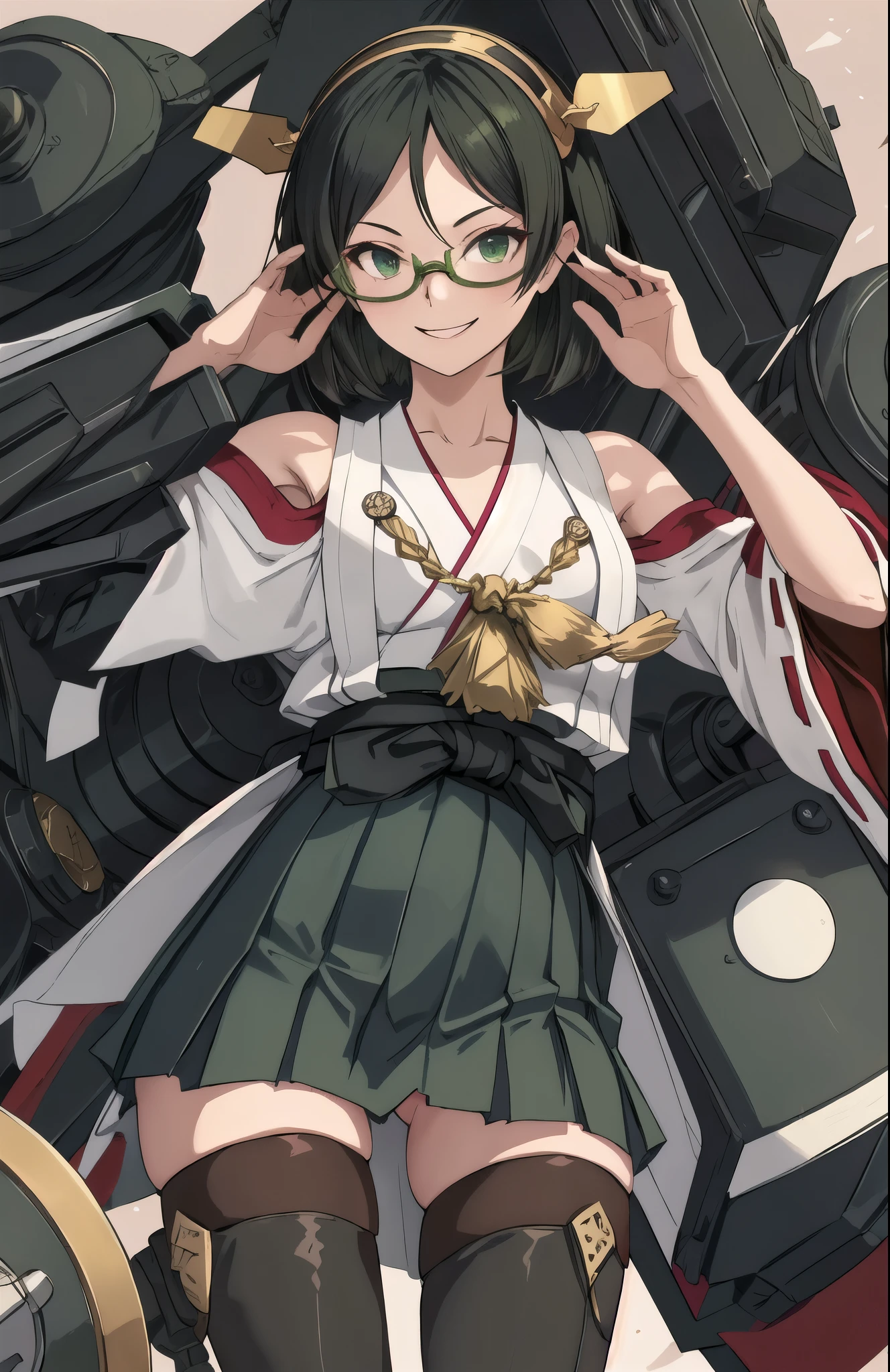 highest quality, masterpiece, High resolution, alone, {Kirishima_Fleet Collection:1.15}, short_hair, Glasses, black_hair, hairband, Non-traditional_Miko, Green Frame_Glasses, headgear, smile, One girl, just_shoulder, green_eye, independent_sleeve, Japanese_Clothes, skirt, thigh_boots, thighhighs, boots, cannon, pantyhose, turret, adjust_Glasses