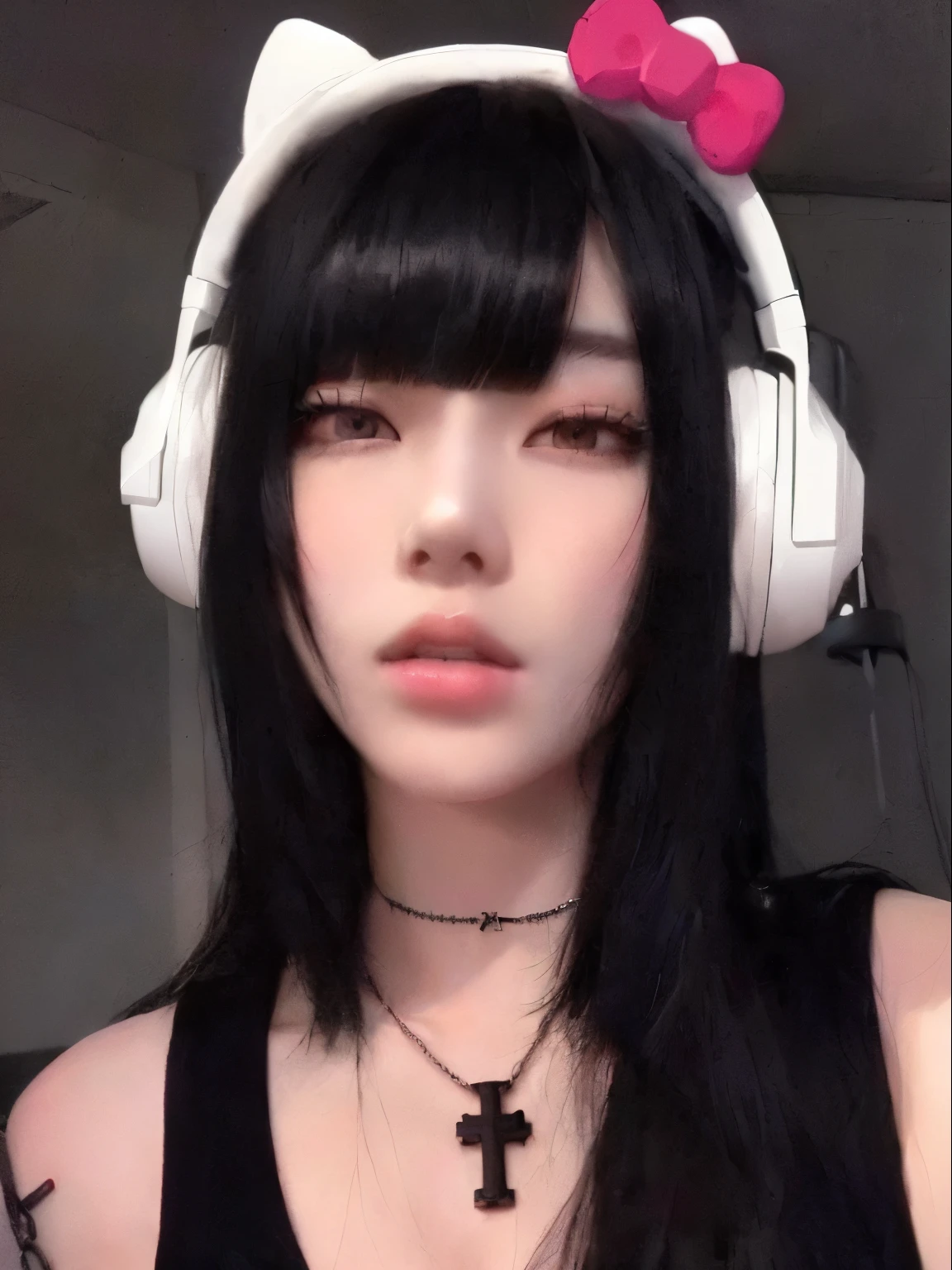 arafed woman with headphones and a necklace with a cross on it, cruel korean goth girl, she has black hair with bangs, black hair and white bangs, belle delphine, hair blackbangs hair, ulzzang, whitebangsblackhair, with headphones, 1 7 - year - old anime goth girl, anime vibes, with head phones
