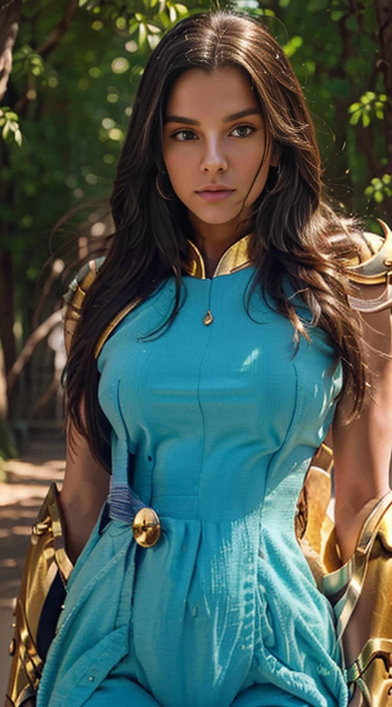 Create the image of a stunning woman with long, straight hair and wearing imposing armor. She is depicted in a majestic pose, with her wavy hair falling gently over her shoulders. Her armor is a work of art, with intricate details and elegant embellishments, reflecting the sunlight that streams through the nearby trees,Her eyes convey a mix of determination and grace as she wields a sword or shield with confidence. In the background, a picturesque setting of lush natural landscape, with distant mountains and a clear blue sky. This woman is not only a skilled warrior, but also a vision of beauty and strength