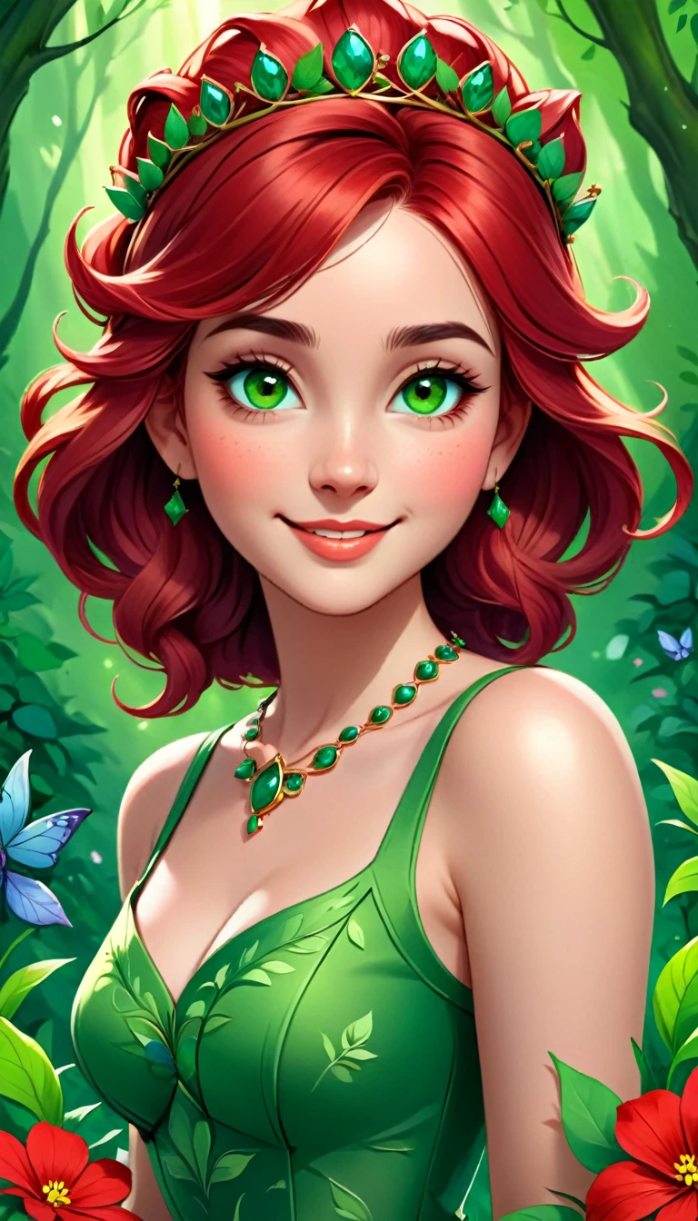 The image depicts a digital art portrait of a young woman with vibrant red hair. She is adorned with a crown of red flowers, adding a touch of nature to her appearance. Her eyes are a striking green, and she has a gentle smile on her face. She is wearing a green top with a floral pattern, which complements the floral crown. The background is lush with green foliage, creating a harmonious blend of colors and textures. The overall composition of the image suggests a theme of nature and beauty, with the woman appearing as a character from a fairy tale or a fantasy story. The artwork is highly detailed and showcases a high level of skill in digital artistry.