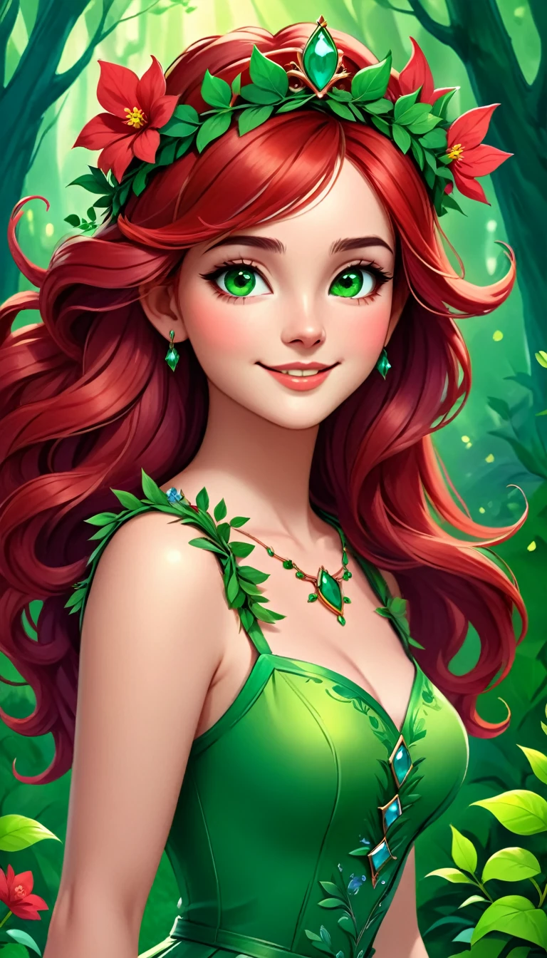 The image depicts a digital art portrait of a young woman with vibrant red hair. She is adorned with a crown of red flowers, adding a touch of nature to her appearance. Her eyes are a striking green, and she has a gentle smile on her face. She is wearing a green top with a floral pattern, which complements the floral crown. The background is lush with green foliage, creating a harmonious blend of colors and textures. The overall composition of the image suggests a theme of nature and beauty, with the woman appearing as a character from a fairy tale or a fantasy story. The artwork is highly detailed and showcases a high level of skill in digital artistry.