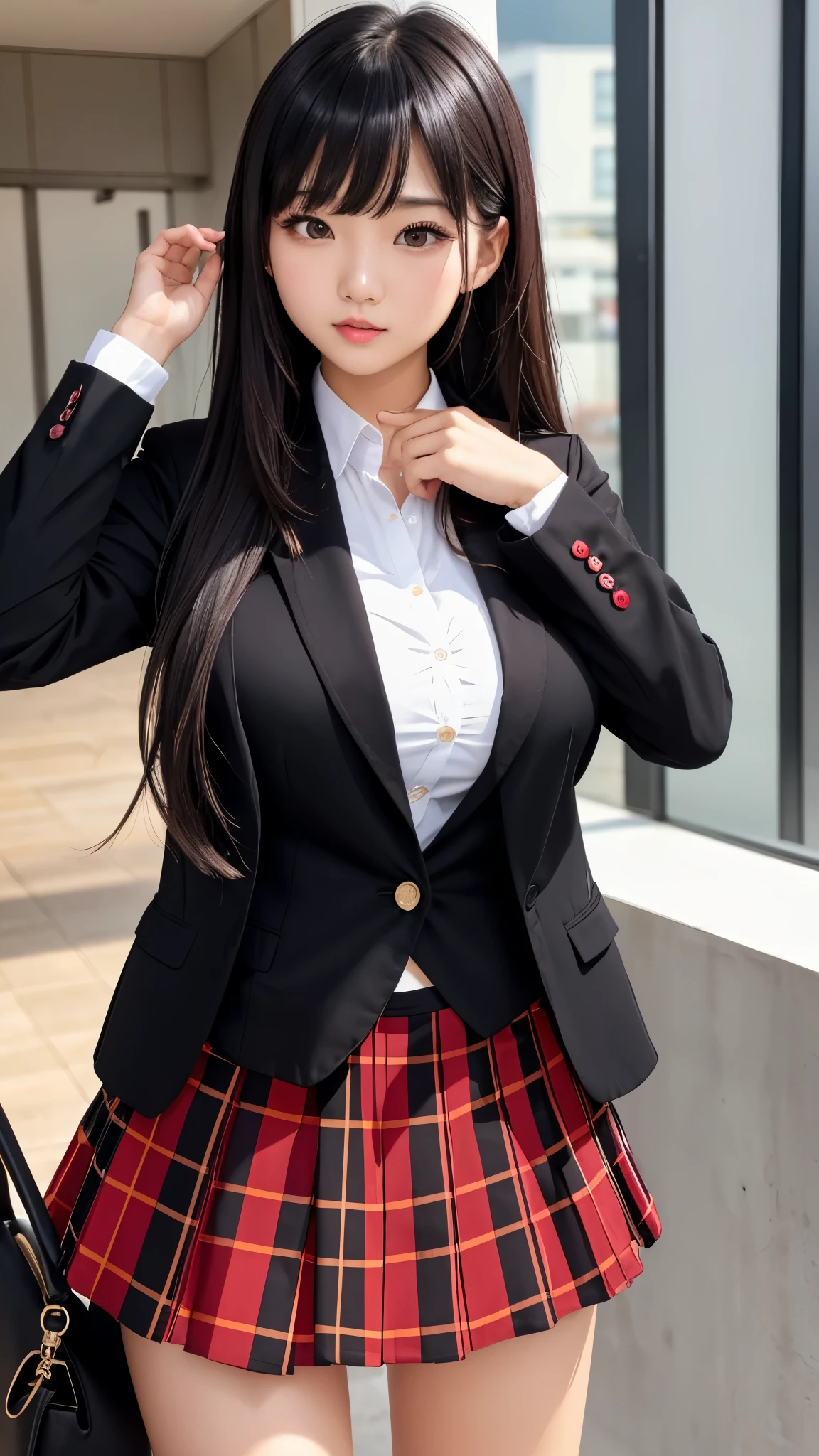 Detailed face、highlight、Asian、girl、thigh、breast enhancement、black髪、Heavy bangs、(blazer、black、red、)(Checked skirt、black、red、white、)