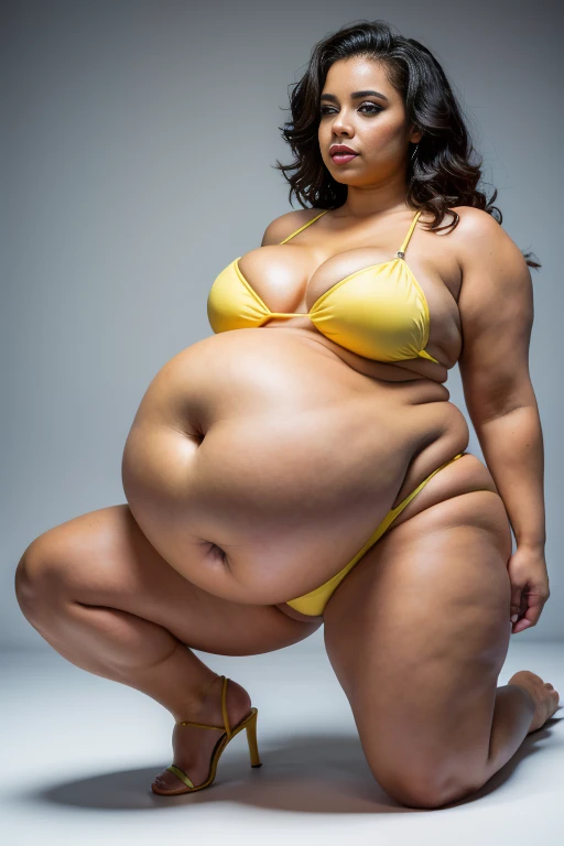 A hot brazillian woman, pretty brazillian woman, long legs, wavy messy black hair, (plump body, sagging breasts, braless), ((wearing yellow bikini)), brown stilettos, (navel piercing), pushes chest, seductive look, attractive, full body, front view, at professional photo studio, white backdrop background, dynamic light, dynamic angle, perspective, candid, curvy body, plump body, huge big ass, thick body, curvy body type, voluptuous body type, busty body type, thick body type, big chest, big