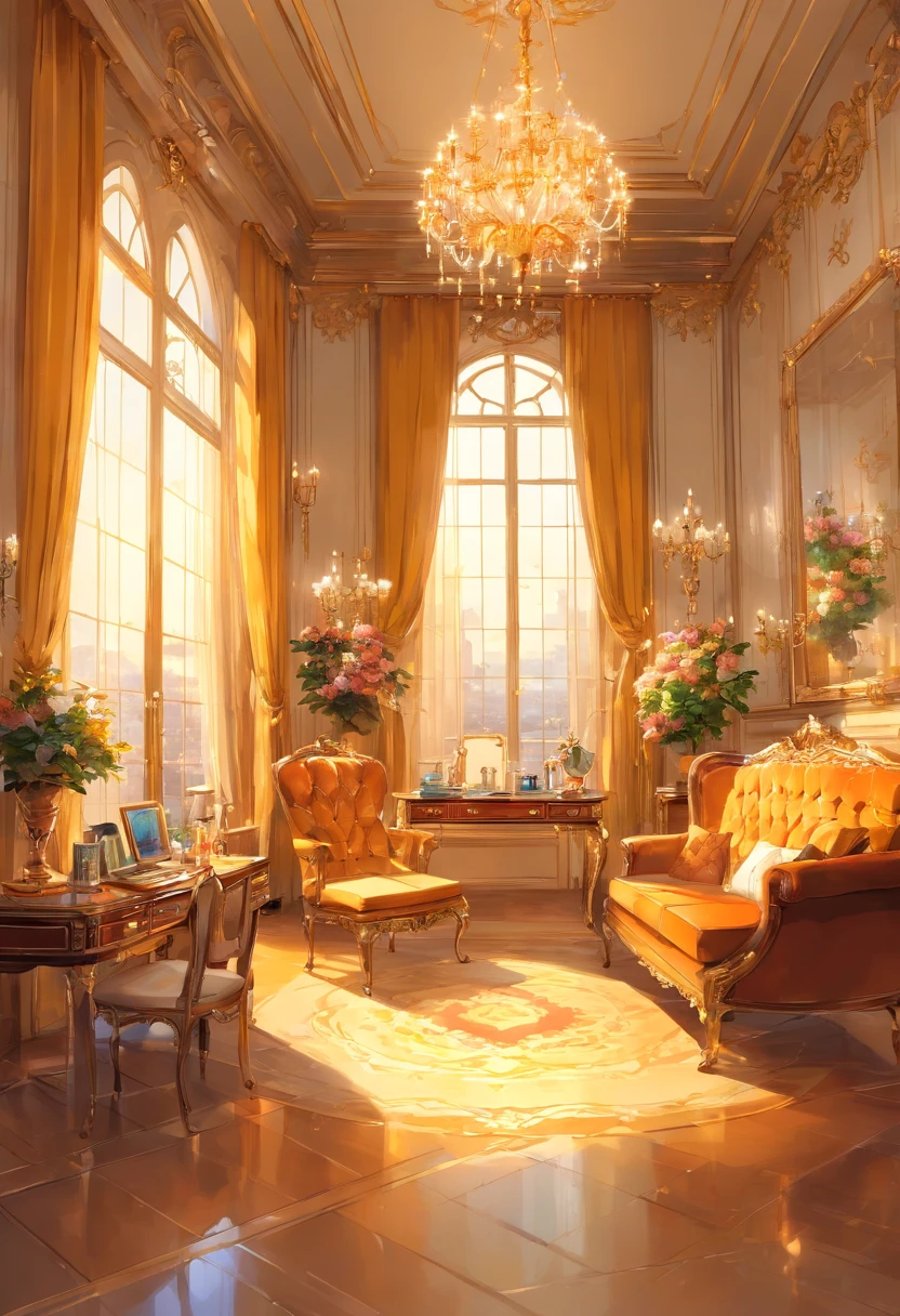 And now I felt a gentle push on my lower back, and a tug on my hand, as if the room itself was inviting me in. "Nope, meus sapatos..." started, but the push and pull became firmer and I found myself clumsily crossing the threshold, no veludo carmesim bordado. The furniture was as grand as the room itself., esculpido, golden and polished until it shined in the sunlight that came through the windows. Havia uma cama enorme sobre um estrado, dossel em ouro com uma colcha branca transparente; a maior penteadeira que eu poderia imaginar, covered with brushes and combs and cut glass bottles of perfumes and cosmetics; a desk so elegant I could barely imagine sitting at it; and rich golden velvet sofas and chairs spread throughout the room, para que eu pudesse sentar em quase qualquer lugar se tivesse vontade de repente. Eu dei outro passo para dentro da sala, my eyes wandering from the beautiful walls to the magnificent furniture and to the high ceiling with hanging crystal chandeliers - the room was so big it needed five of them.