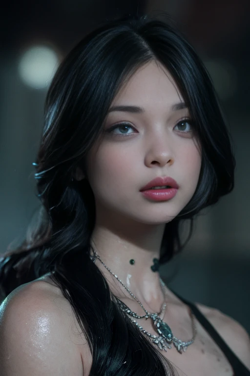 Kristin Kreuk, masterpiece, highest quality, (solo focus), (perfect face:1.1), (high detail:1.1), (hyper detailed green eyes), dramatic, (1girl:0.5), (pale skin), long black hair, ethereal eyes, (light eyebrows), solo, long hair, Tomb Raider, moon, night, white luxury suit, covered navel, pouty lips, fur, proud expression, futuristic city, detailed background, art by artgerm, cinematic lighting, roses, fashion, BalenciagaStyle